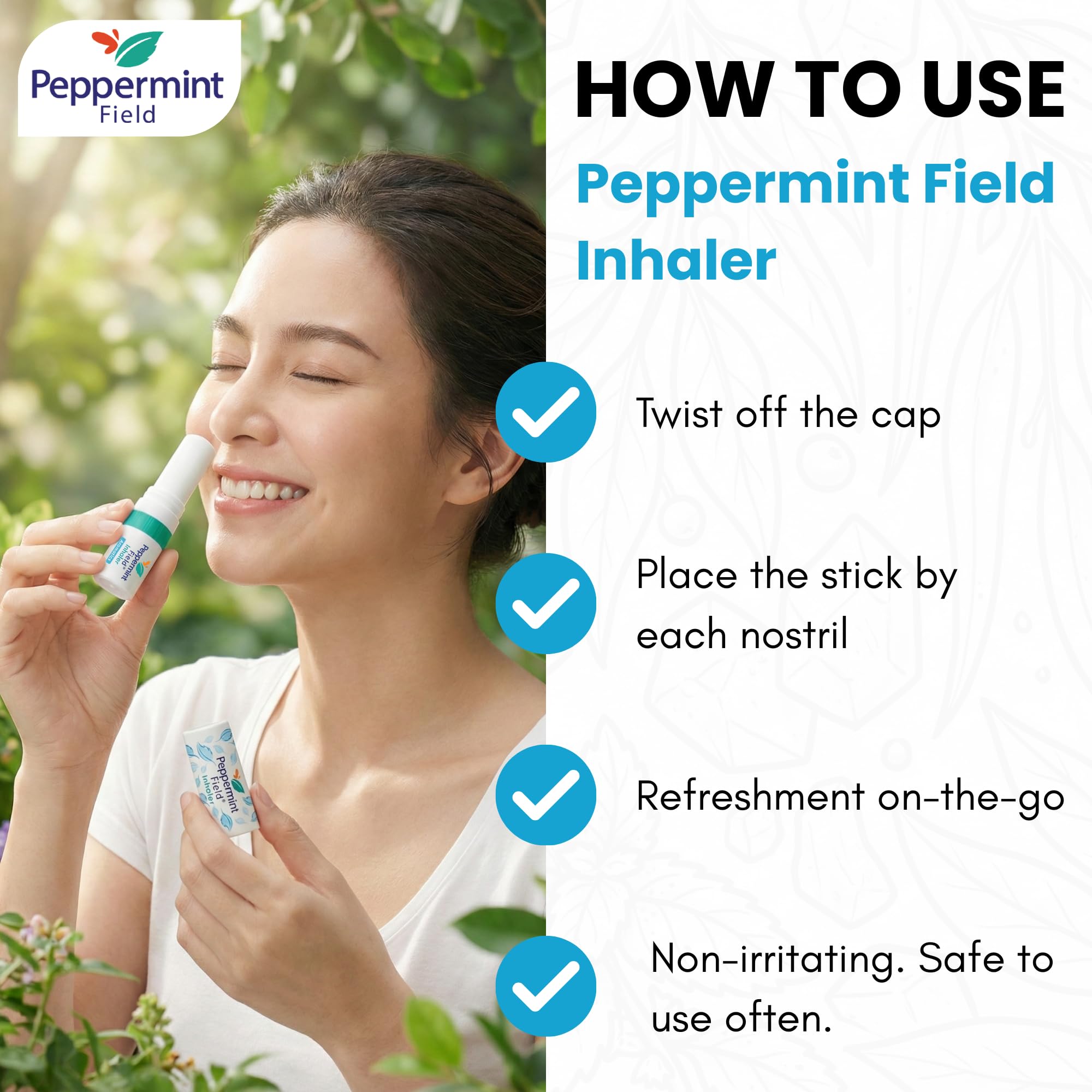Peppermint Field Inhalateur nasal 2-en-1 pour inhaler ou frotter les piqûres.