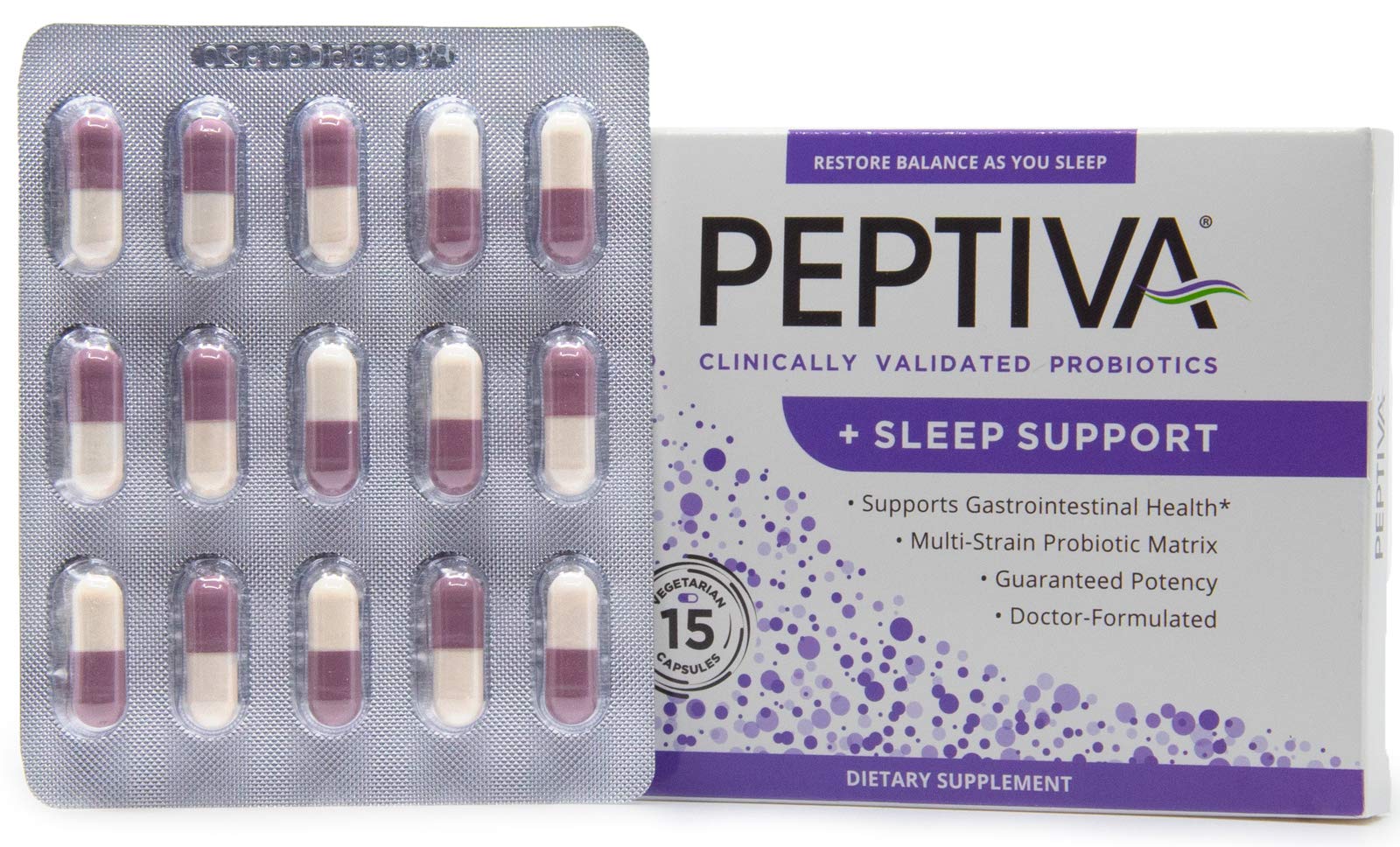 Capsules Peptiva – probiotiques multi-souches et mélatonine pour le soir.