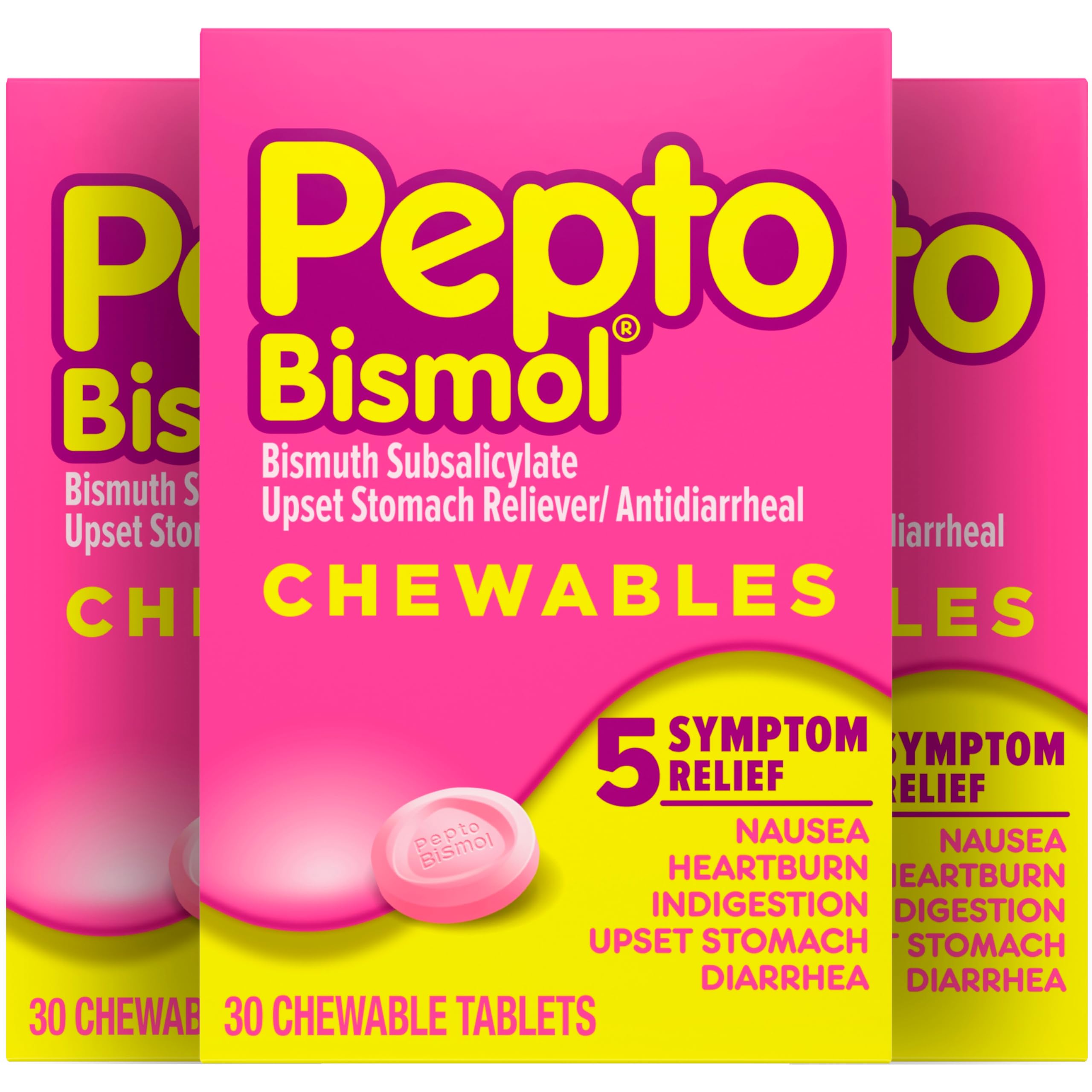 Pepto Bismol: boîte de comprimés à mâcher menthe pour l'estomac.