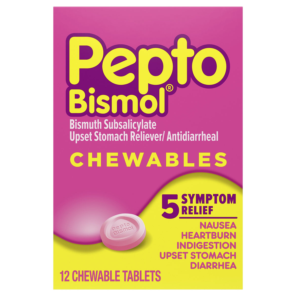 Pepto Bismol – bouteille avec étiquette visible indiquant un soulagement gastrique rapide.
