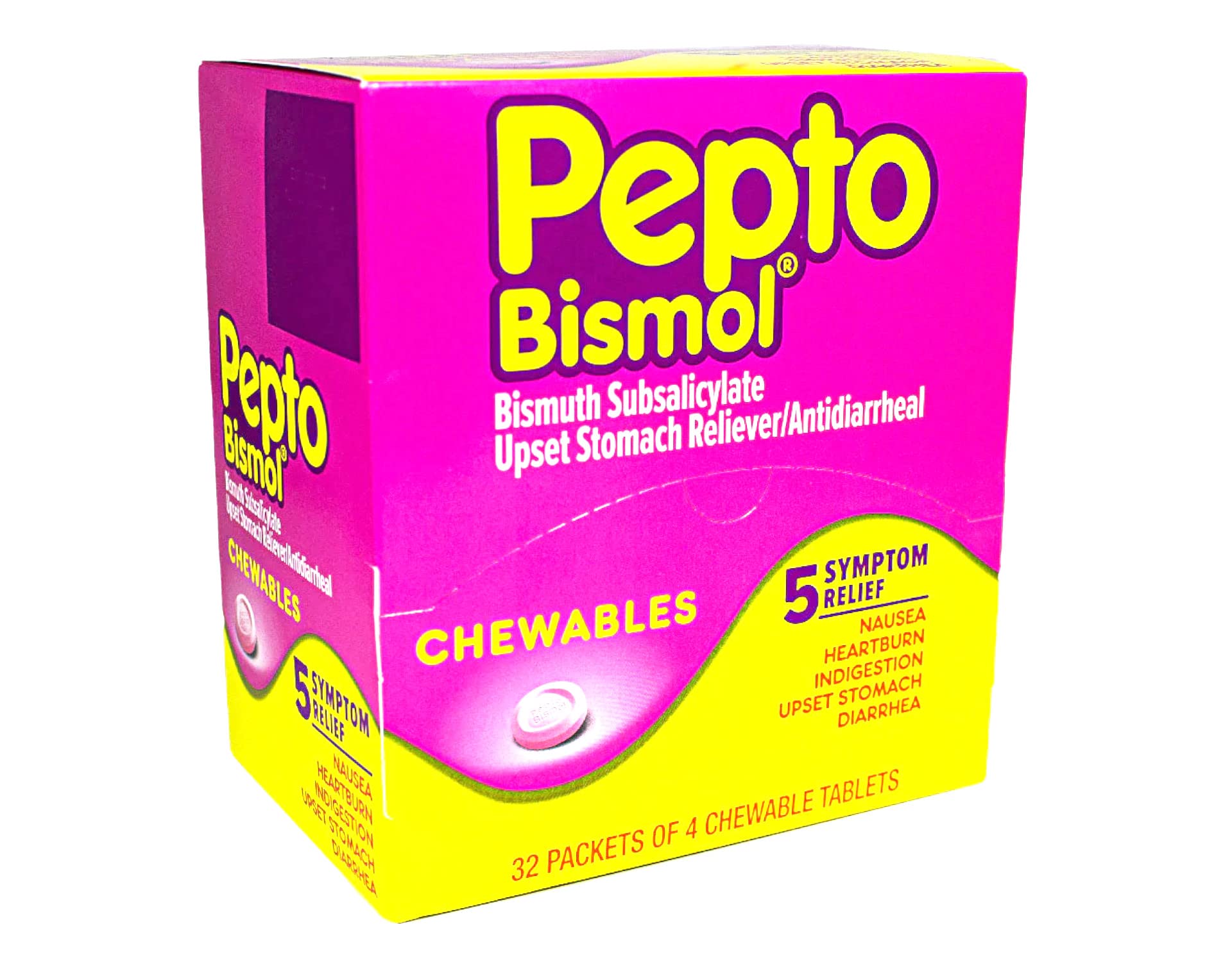 Pepto Bismol Chewables Dispenser – boîte principale, soulagement digestif rapide après un repas copieux.