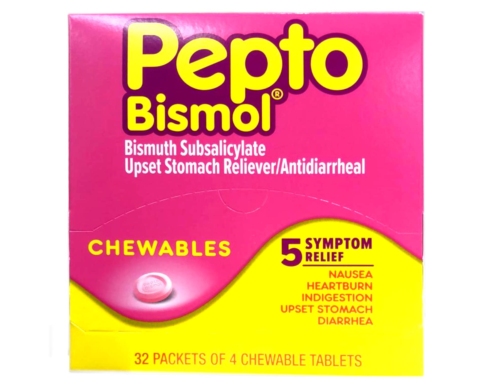 Pepto Bismol Chewables Dispenser – tablettes à croquer, confort digestif après indulgences alimentaires.
