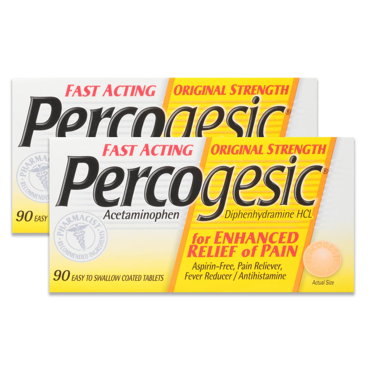 Percogesic – emballage original sans aspirine, pratique et facile à ranger.