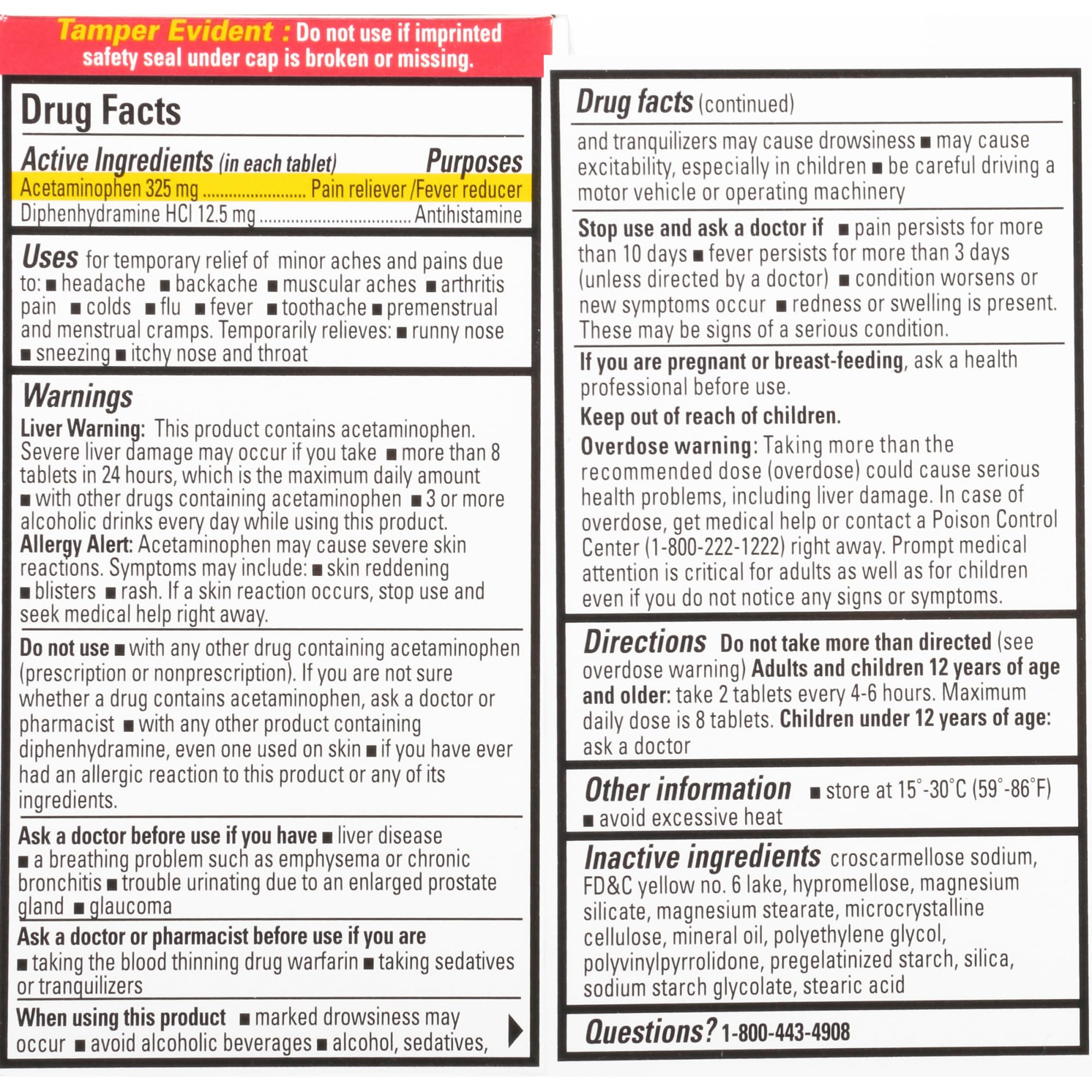 Percogesic – ingrédients acétaminophène et diphénhydramine indiqués sur l’étiquette.