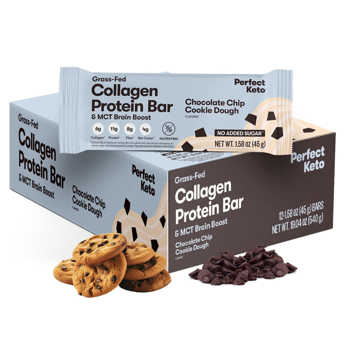 Barre Perfect Keto Collagène Chocolat Pépites: protéines 11 g et collagène pour cheveux et peau.
