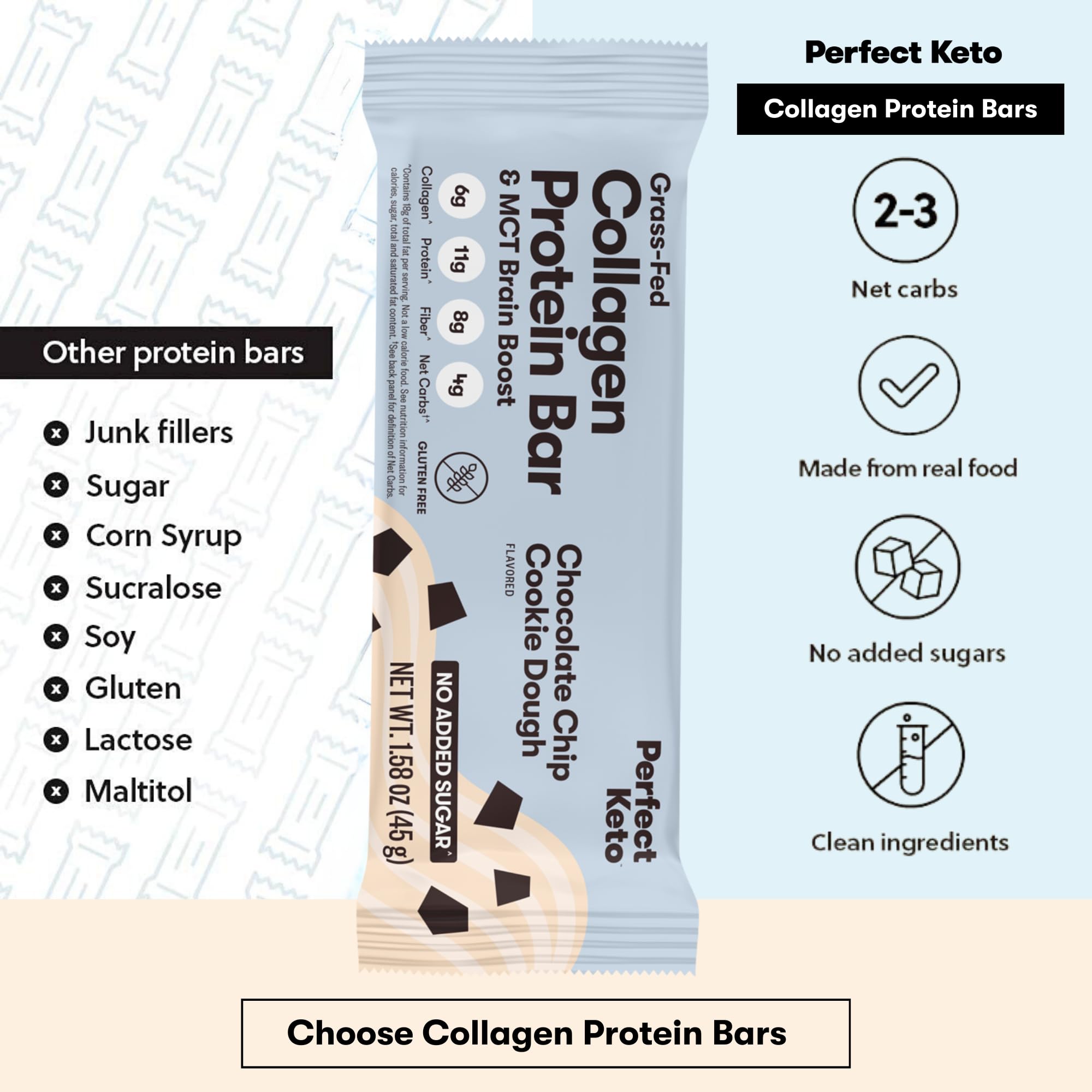 Barre Perfect Keto Protéine Collagène: sans sucre ajouté, protéines de haute qualité.