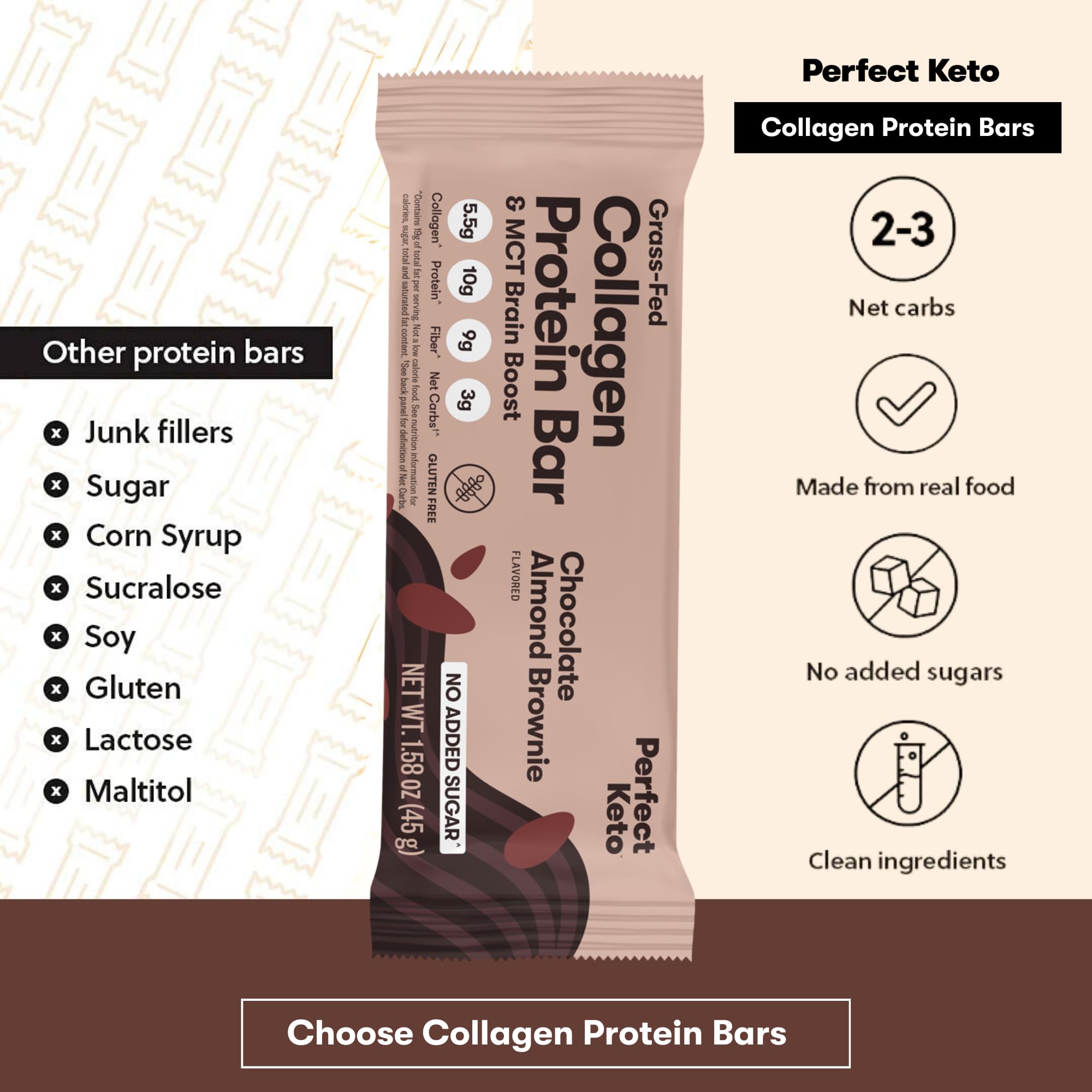 Texture des barres Perfect Keto avec collagène, soutien potentiel cheveux et peau.