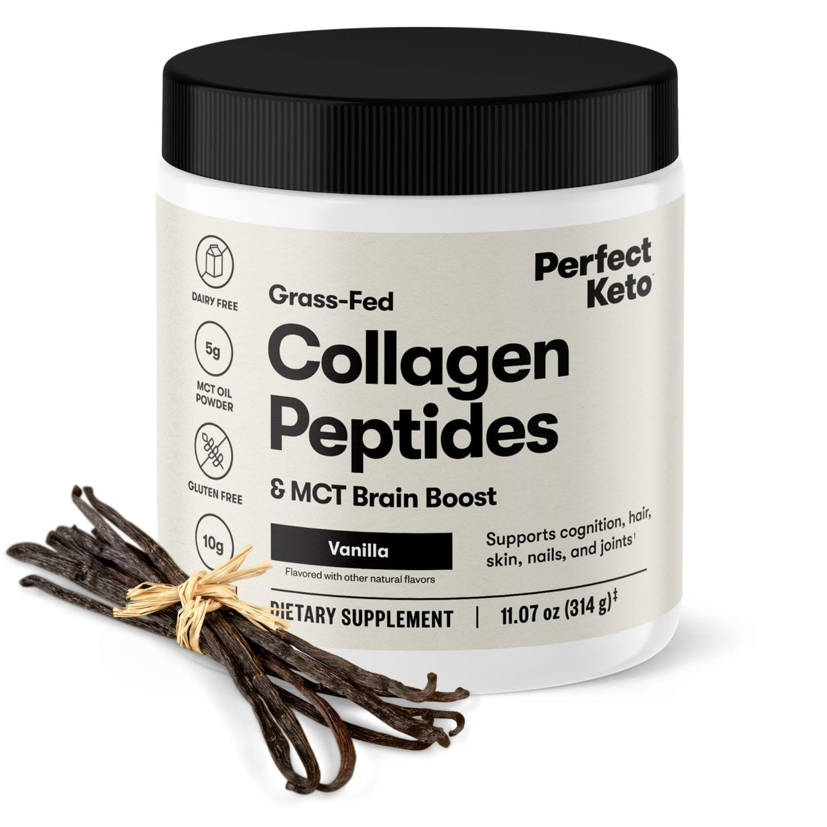 Perfect Keto Collagène en poudre dans un flacon, parfait pour une absorption rapide.