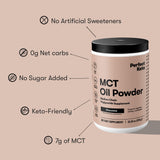 Boîte Perfect Keto MCT avec 30 portions pour une utilisation mensuelle.