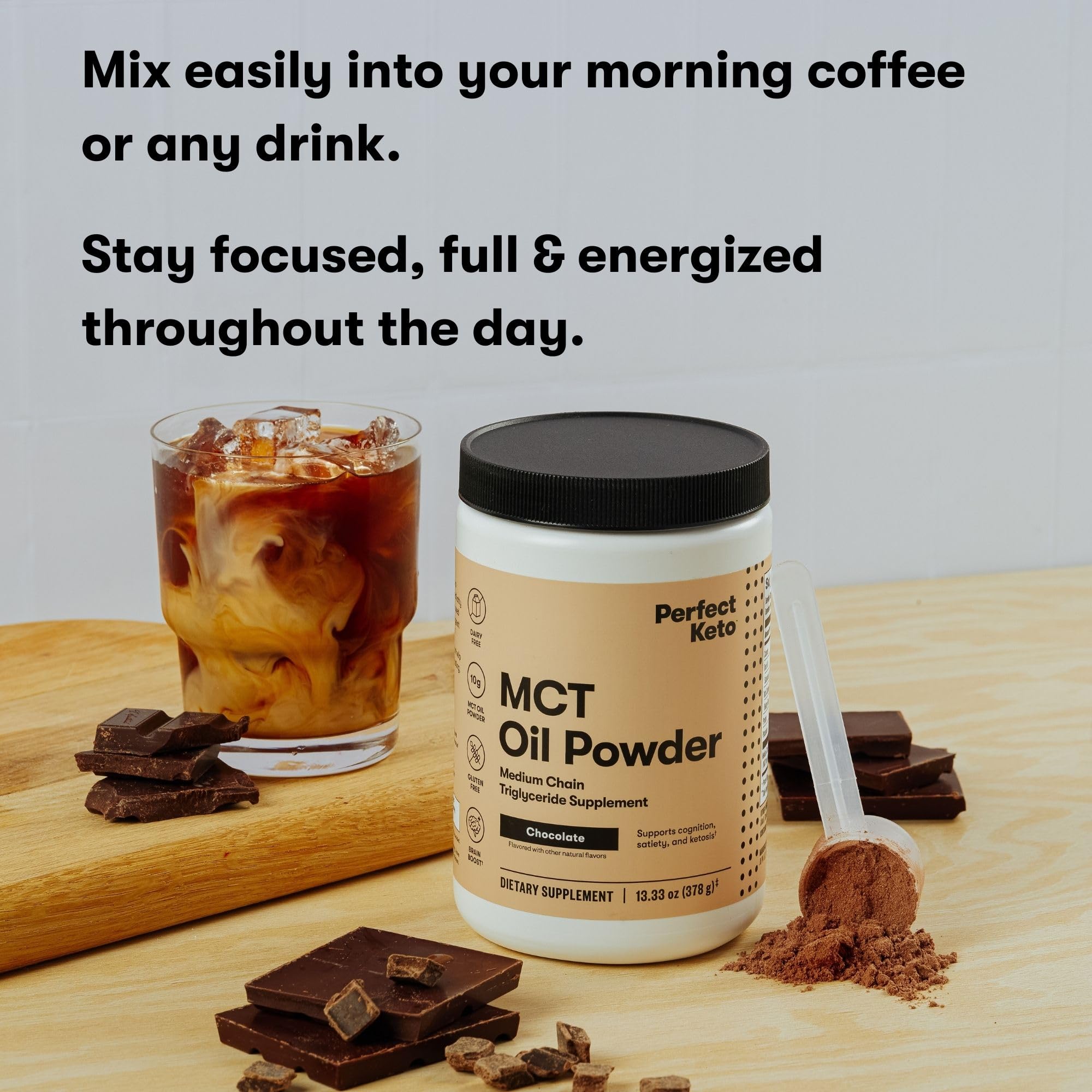 Ingrédients naturels de la poudre MCT Perfect Keto issus de coco.