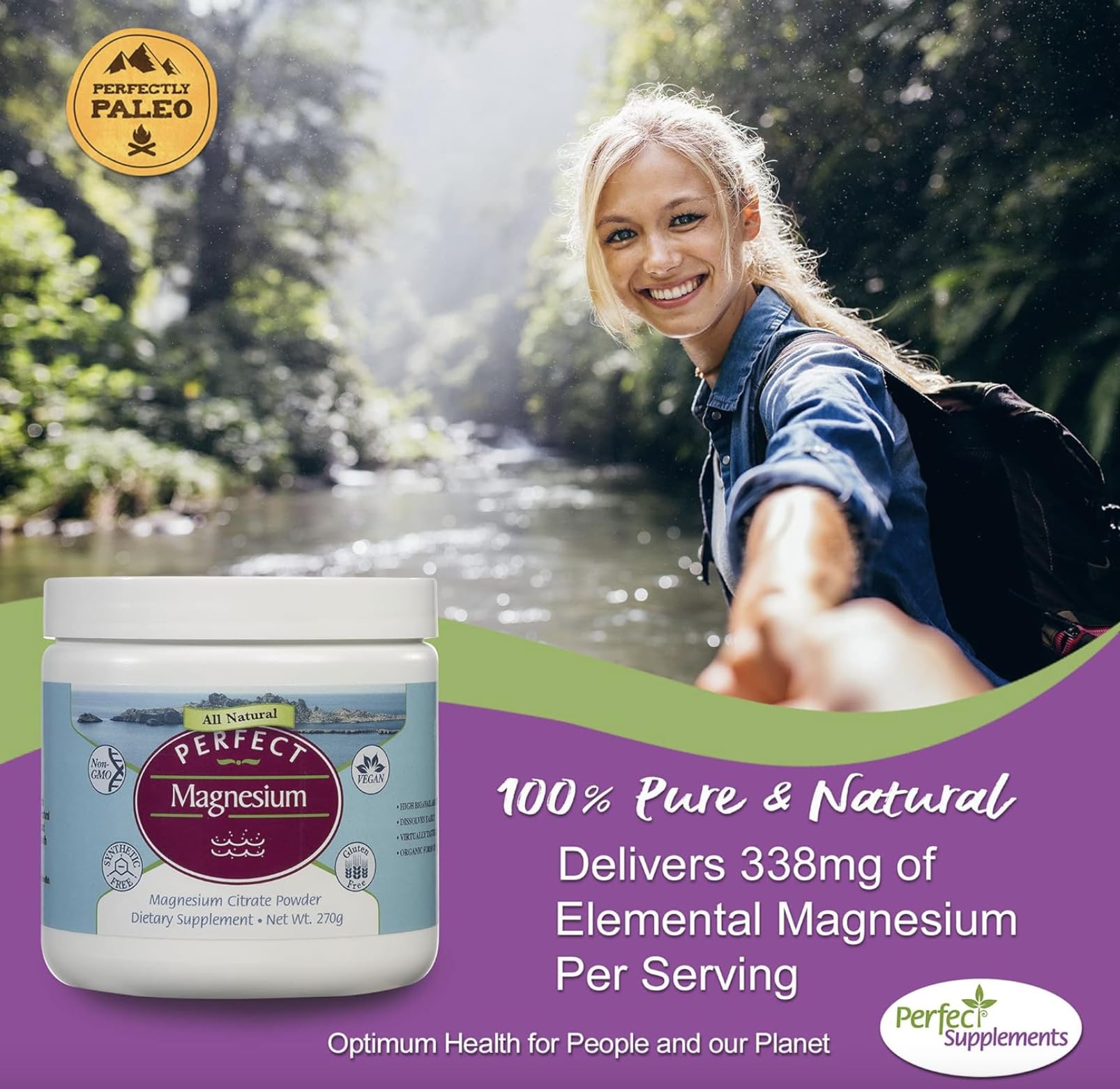 Ingrédients naturels et non-OGM dans la poudre Magnésium Citrate Perfect.