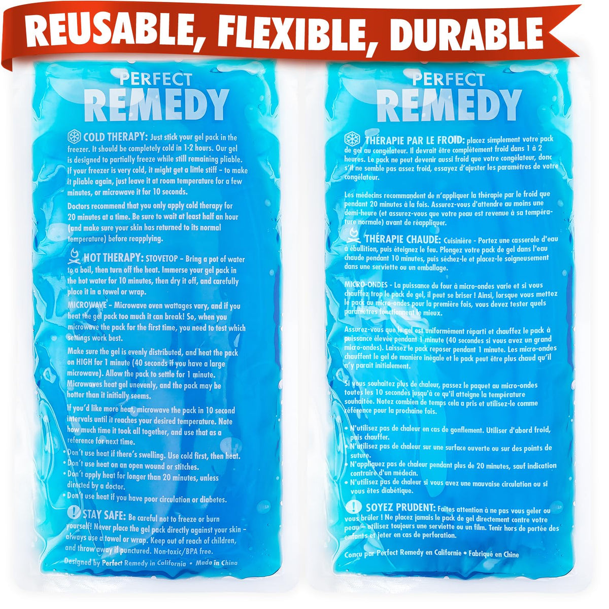 Perfect Remedy pack gel glace réutilisable 2-pack, pour un refroidissement durable.