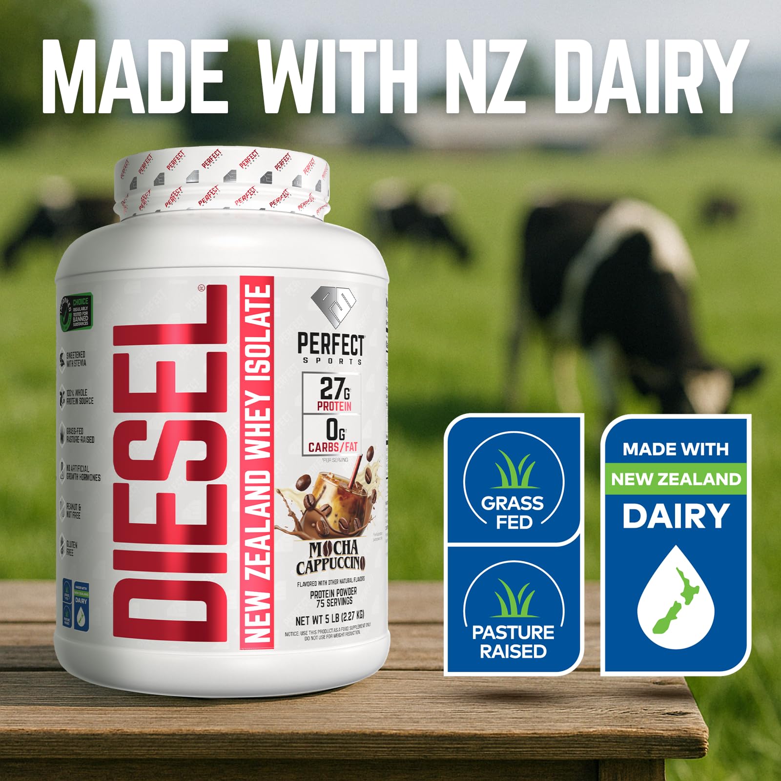 Perfect Sports Diesel Isolate vient du lait de Nouvelle-Zélande pour des protéines premium.