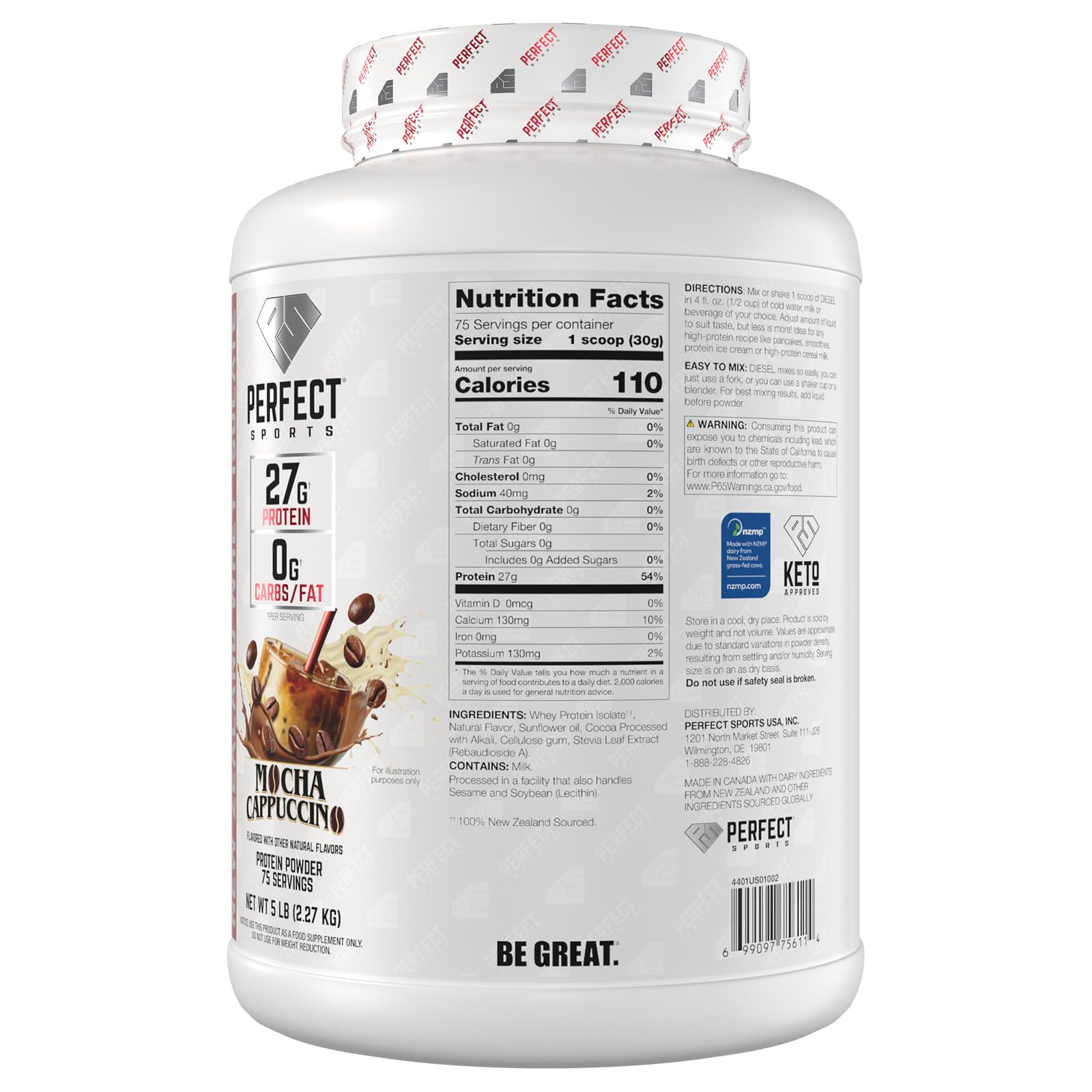 Perfect Sports Diesel Isolate est sans édulcorants artificiels et sucré naturellement au Stevia.