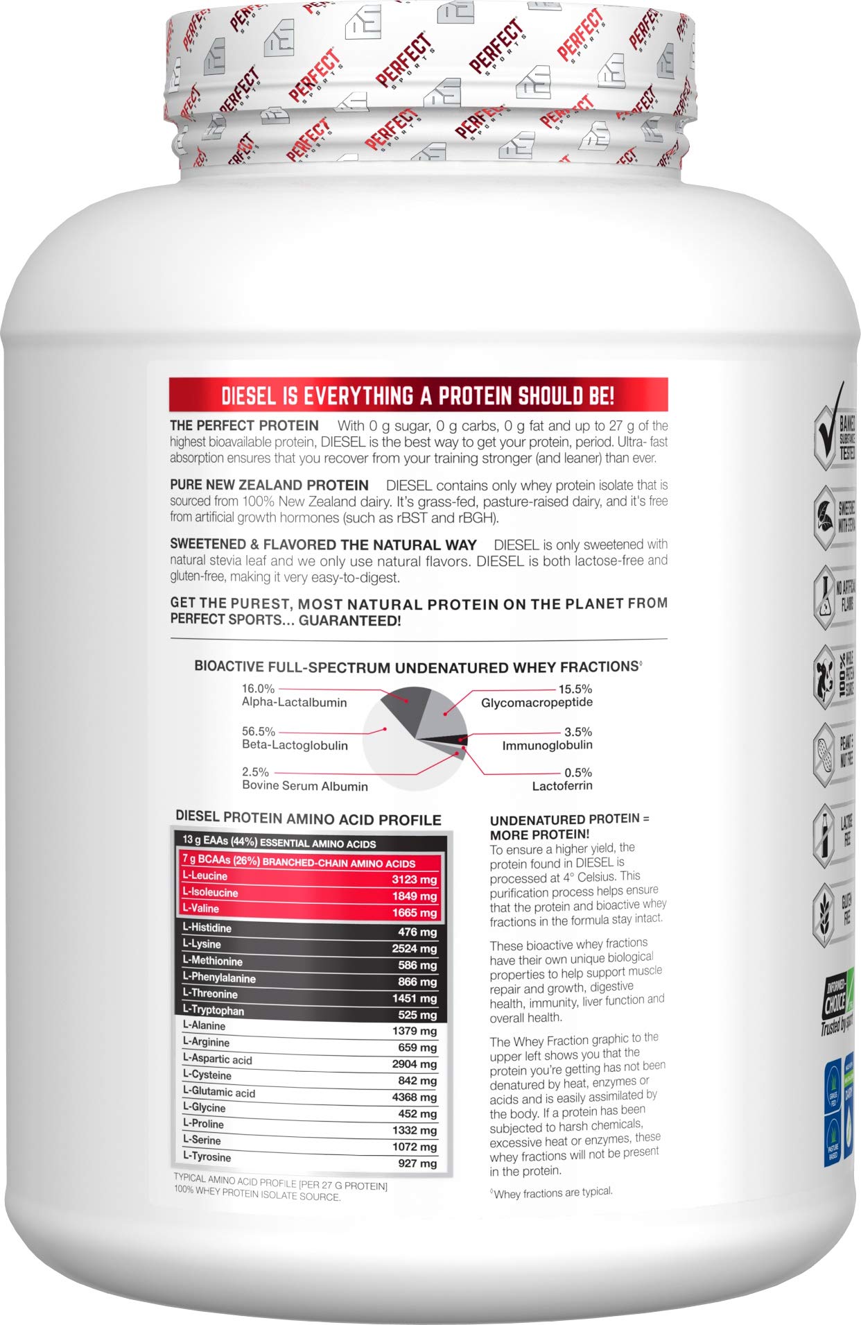 PERFECT SPORTS Diesel isolat de whey — versement rapide pour une boisson protéinée.