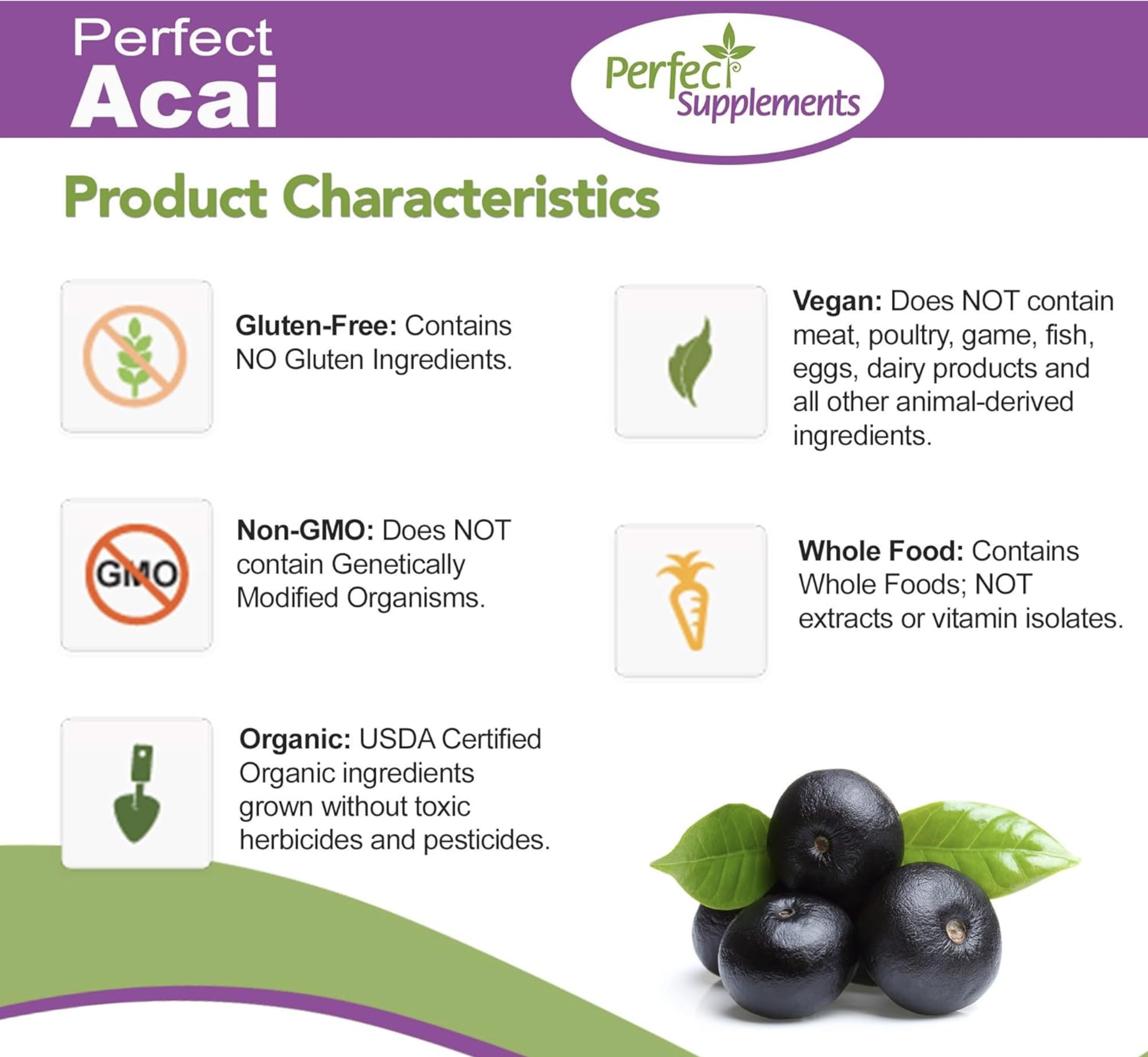 Perfect Supplements Acai dose quotidienne, pratique à ajouter au matin.