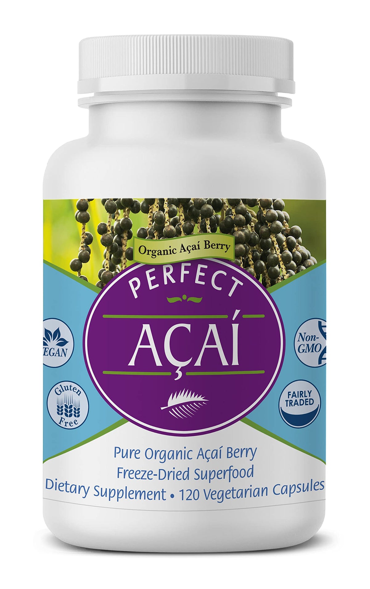Perfect Supplements Acai lyophilise bouteille, supplément pratique pour énergie naturelle.