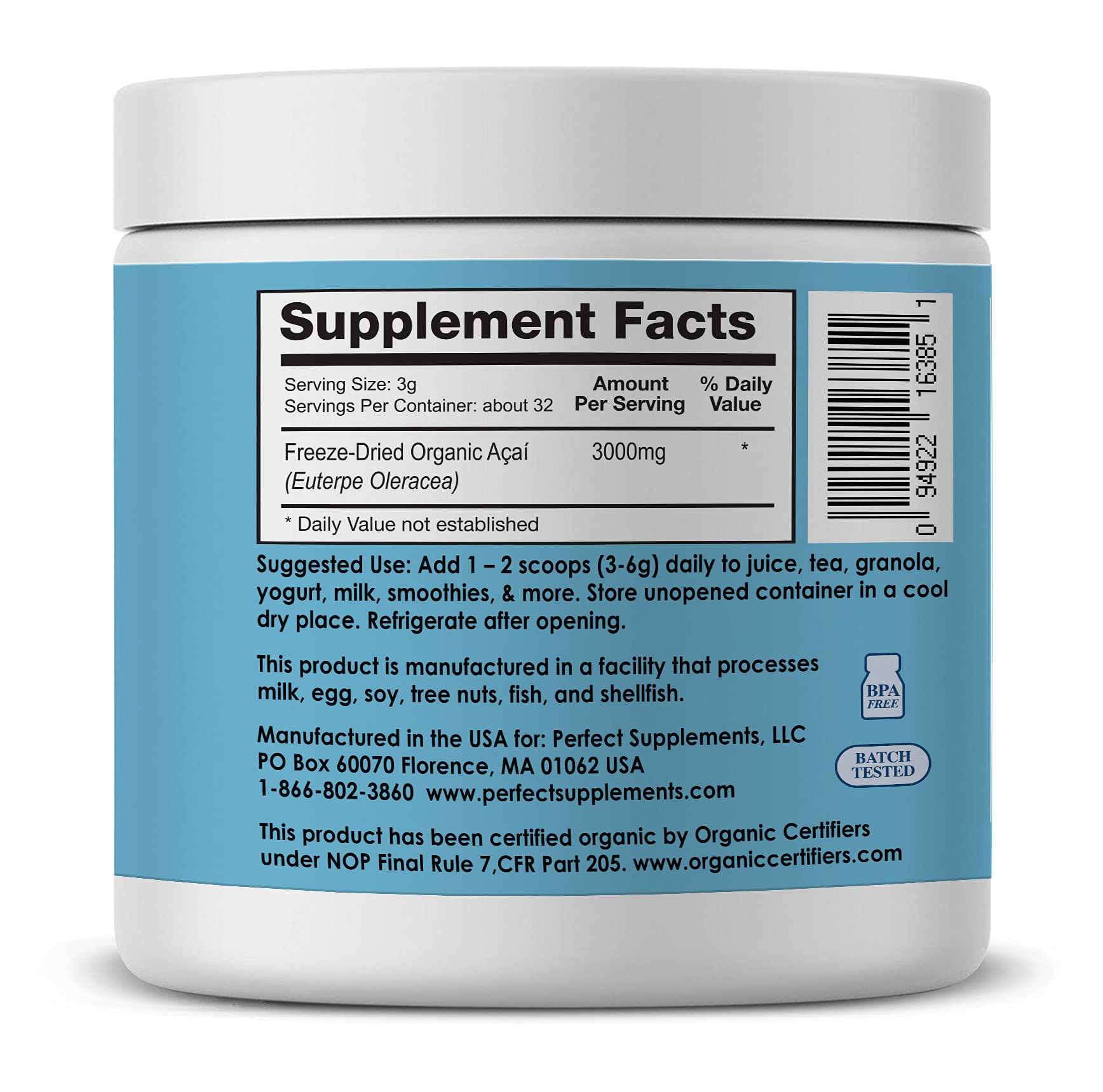 Cuillère de dosage avec Poudre d'acai Perfect Supplements pour dosages faciles.