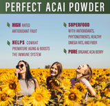 Étiquette biologique sur le pot d'acai Perfect Supplements, sans additifs.