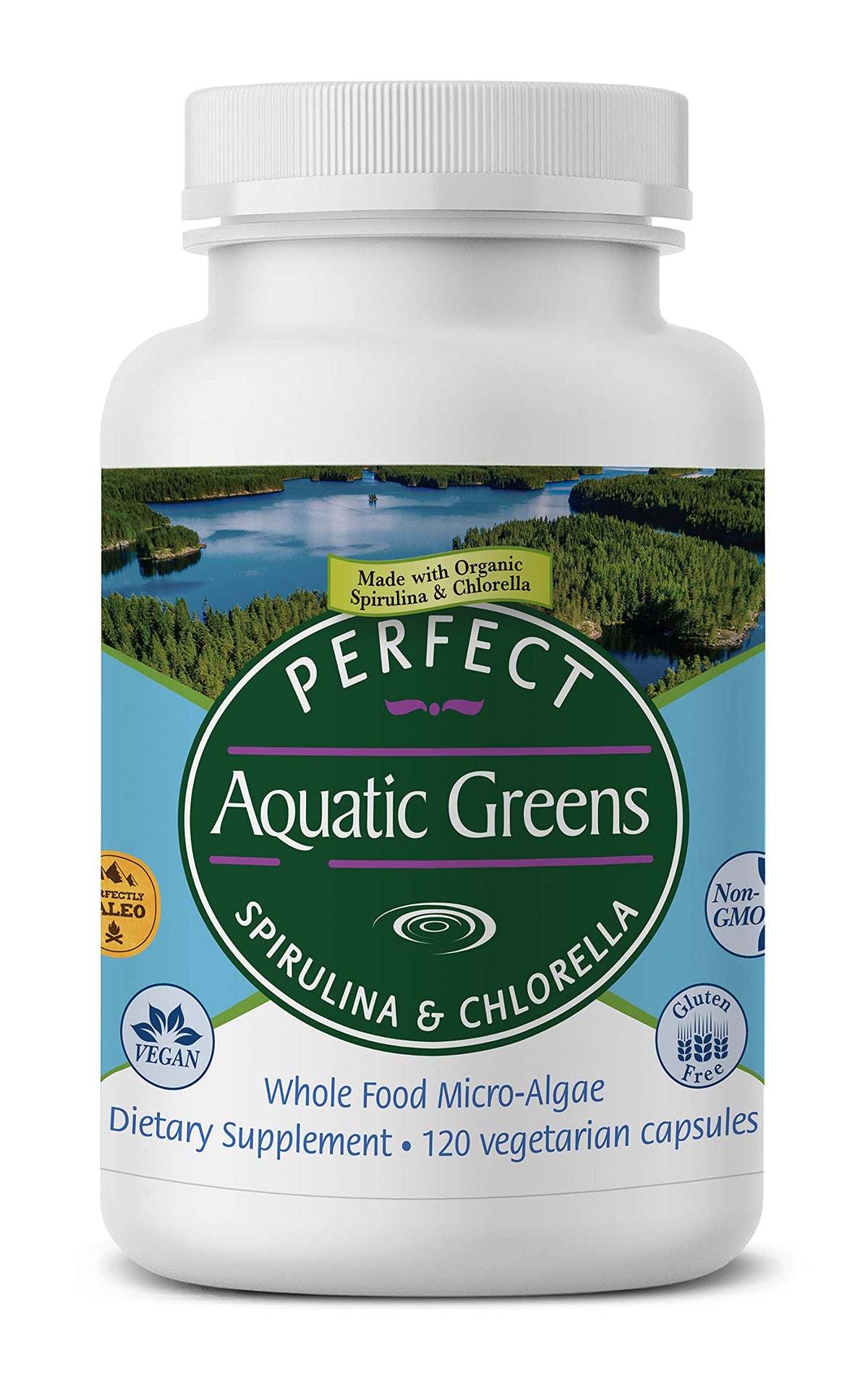 Perfect Supplements Aquatic Greens bouteille versement, spiruline et chlorelle pour une routine saine.