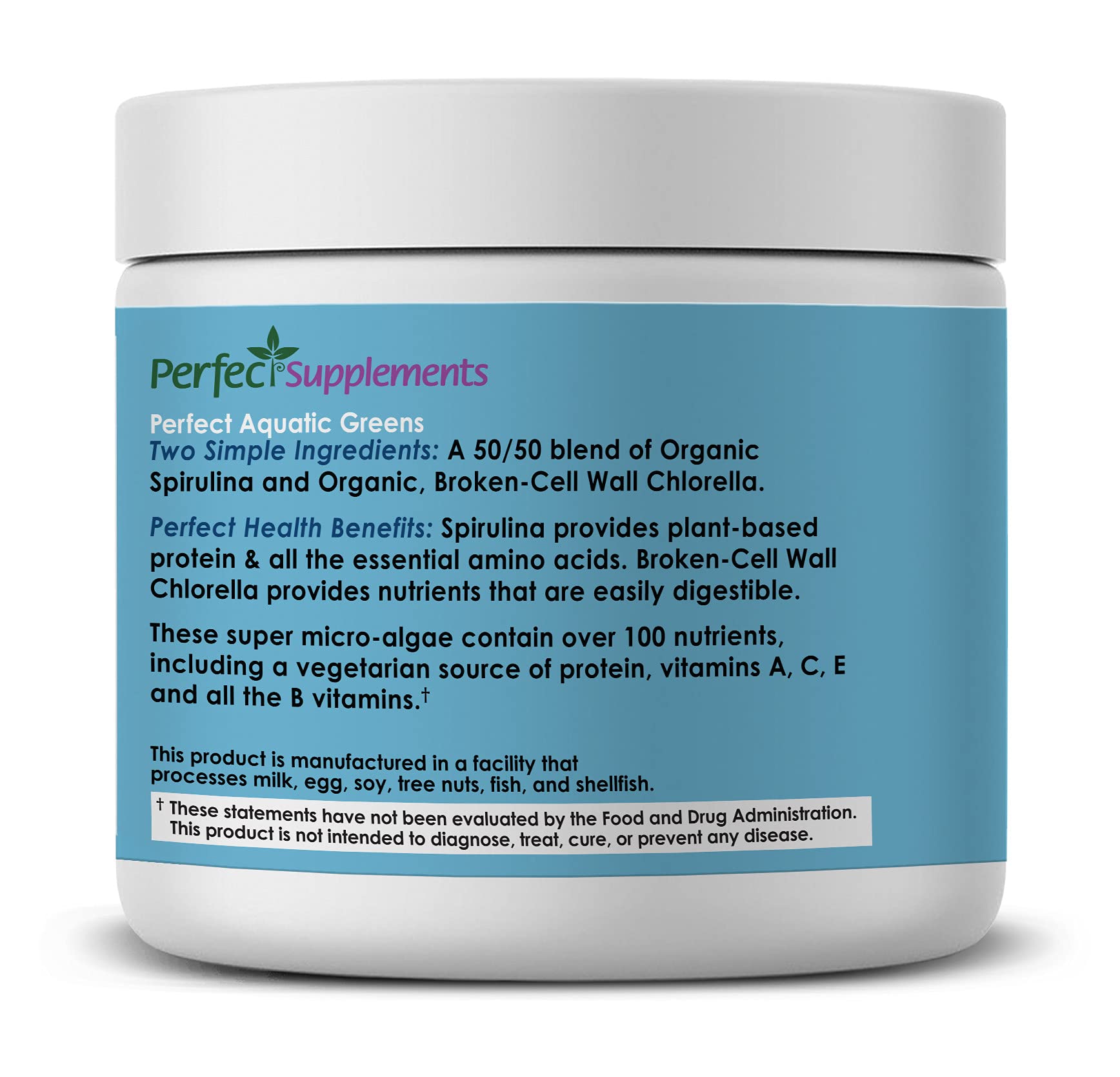 Perfect Supplements Aquatic Greens chlorelle, source végétale de fer et bêta-carotène.