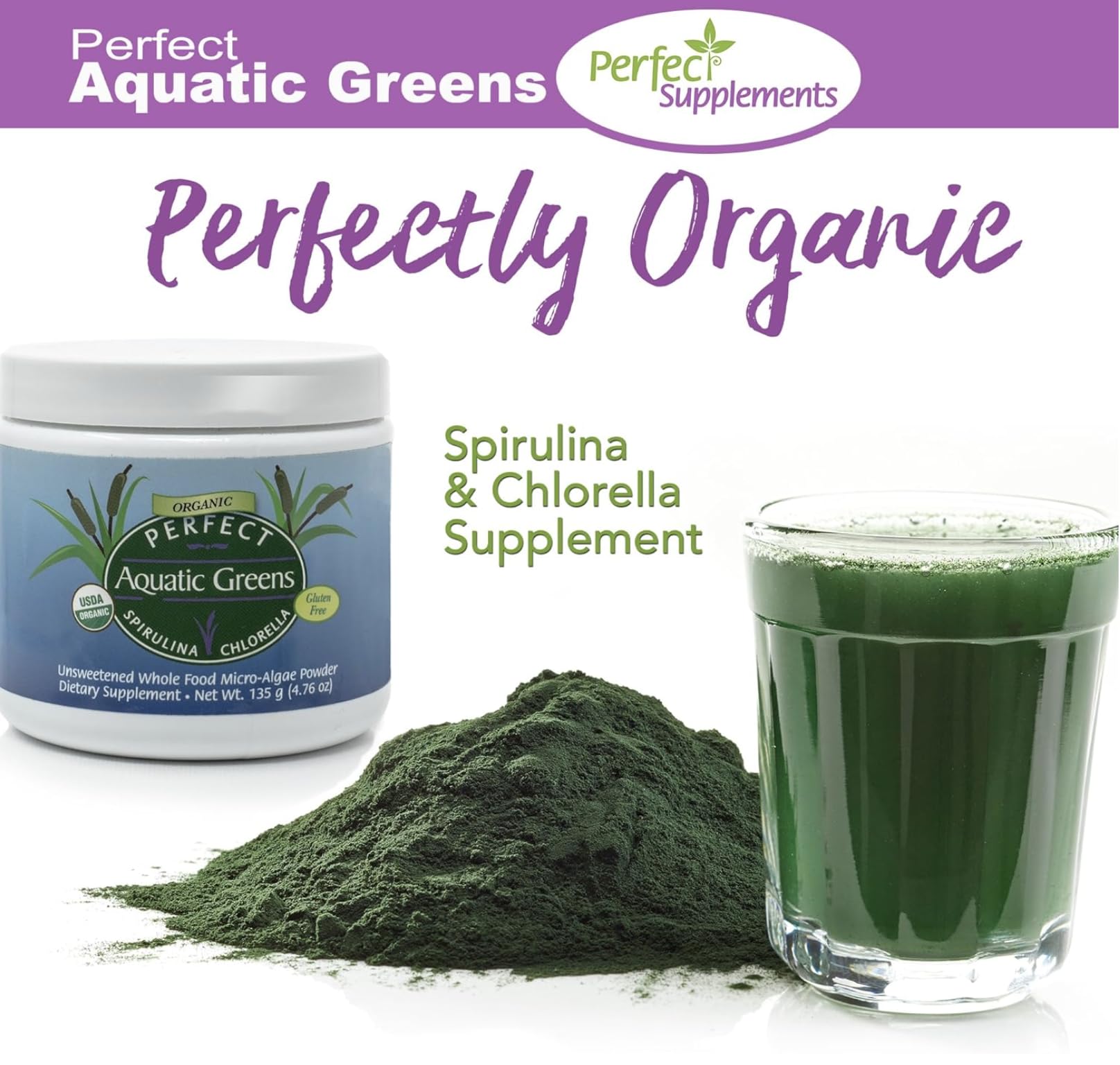 Perfect Supplements Aquatic Greens infusion dans un verre, mélange facile.