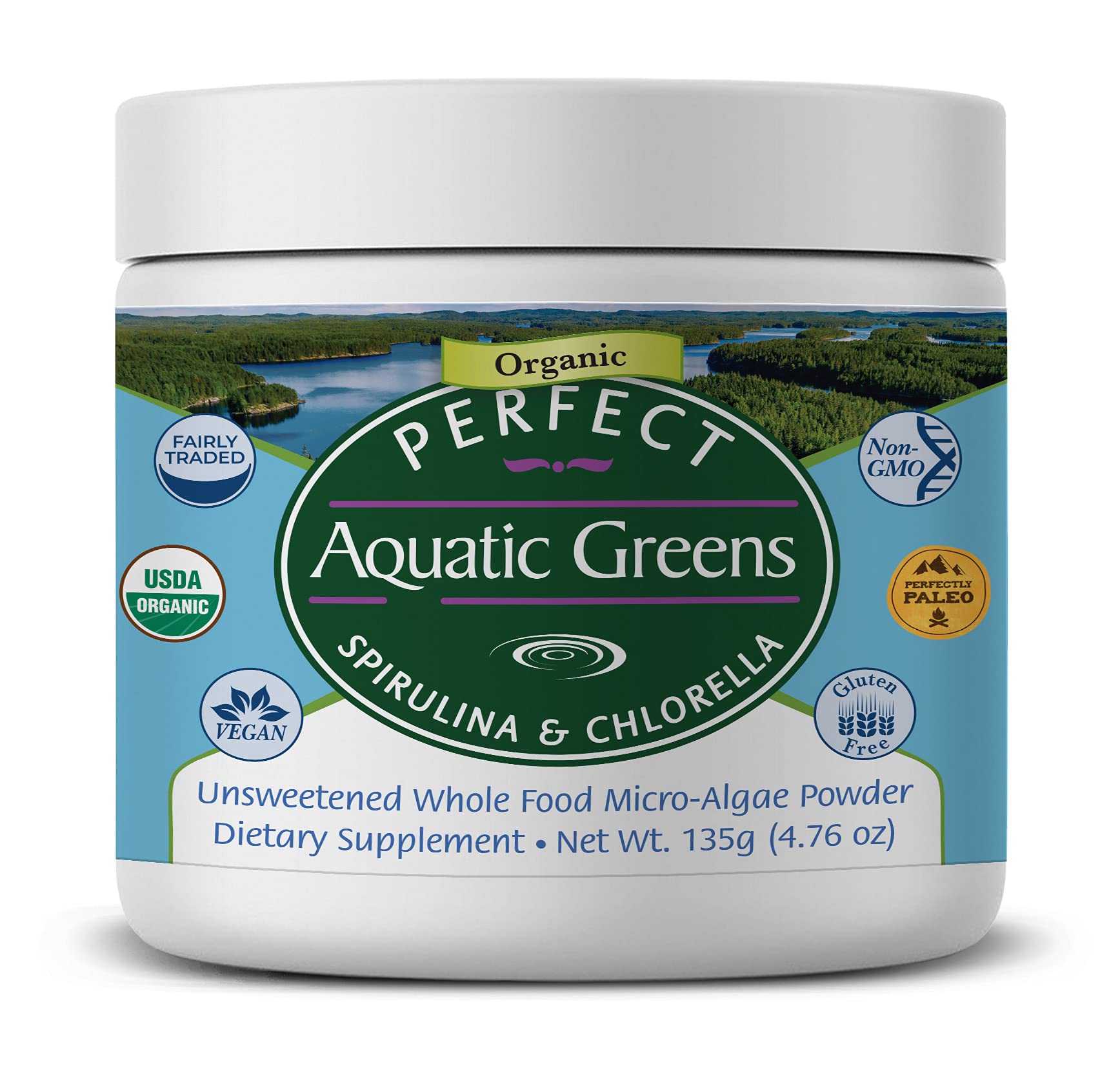 Perfect Supplements Aquatic Greens poudre, source naturelle de nutriments pour votre alimentation quotidienne.