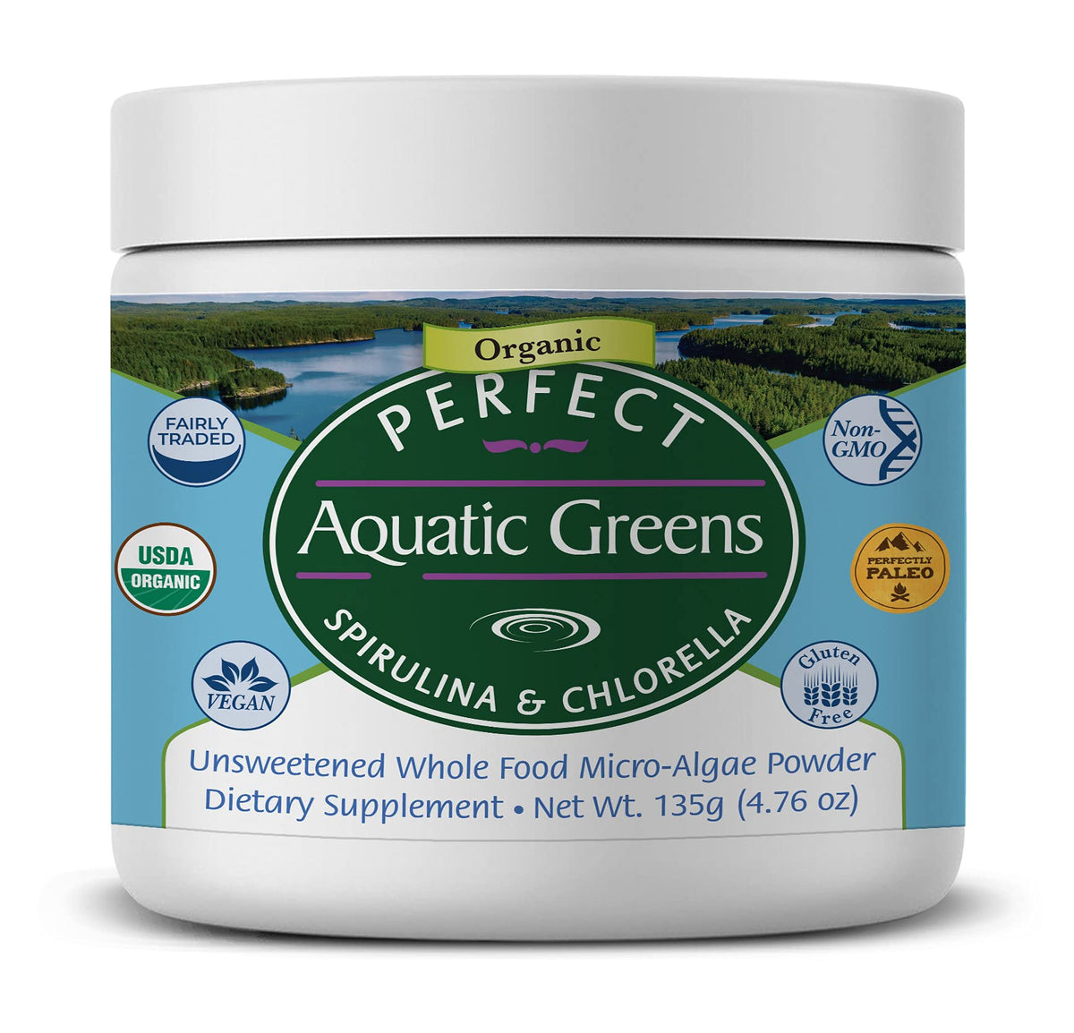 Perfect Supplements Aquatic Greens poudre, source naturelle de nutriments pour votre alimentation quotidienne.