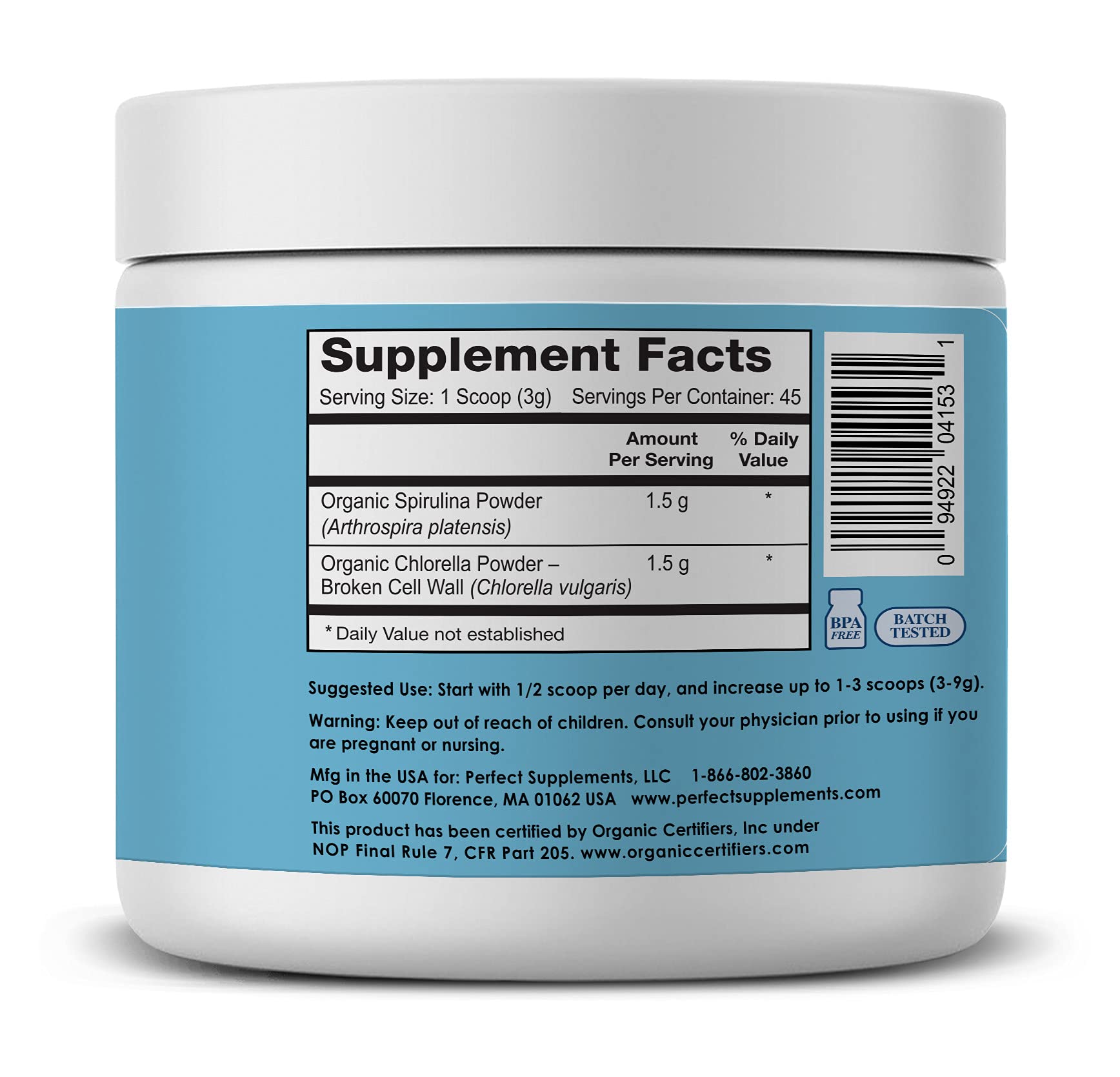 Perfect Supplements Aquatic Greens spiruline, algue riche en protéines végétales et micronutriments.