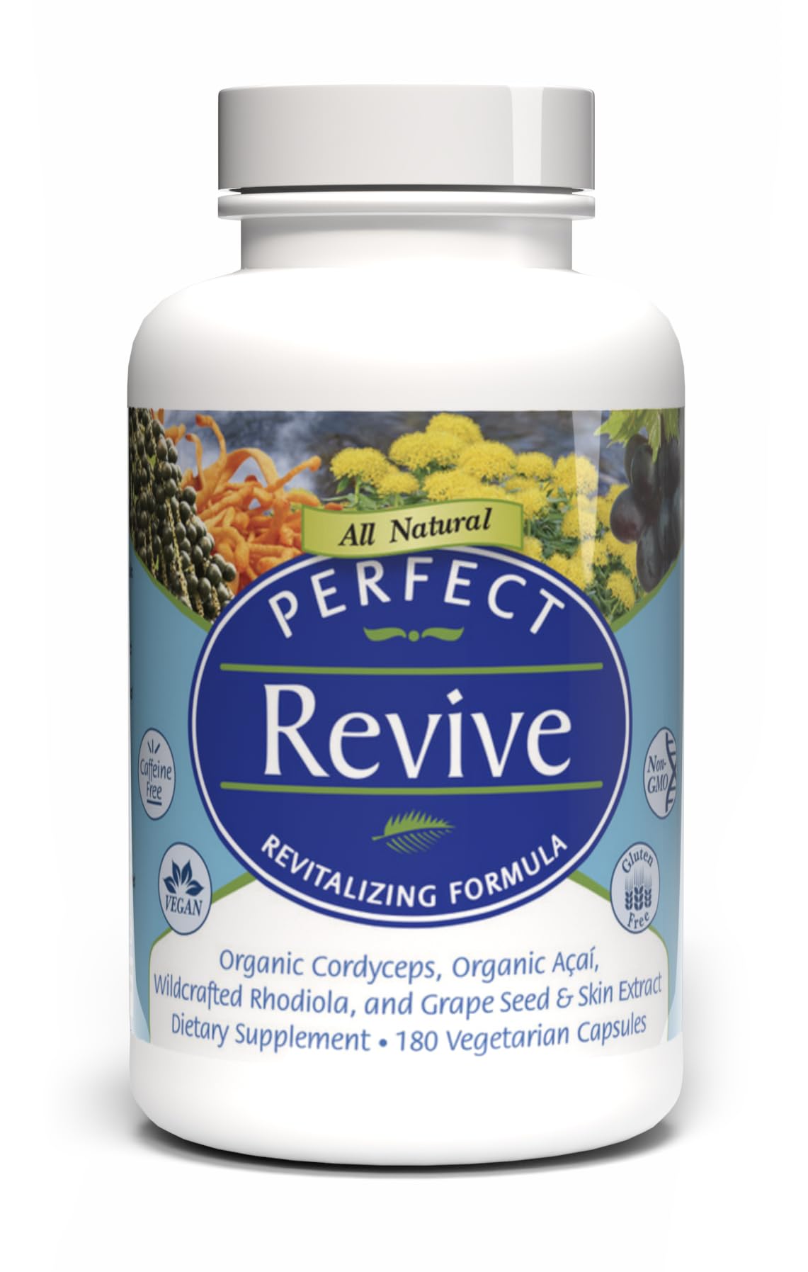 Bouteille Perfect Acai Revive montrant une présentation naturelle pour la vitalité.