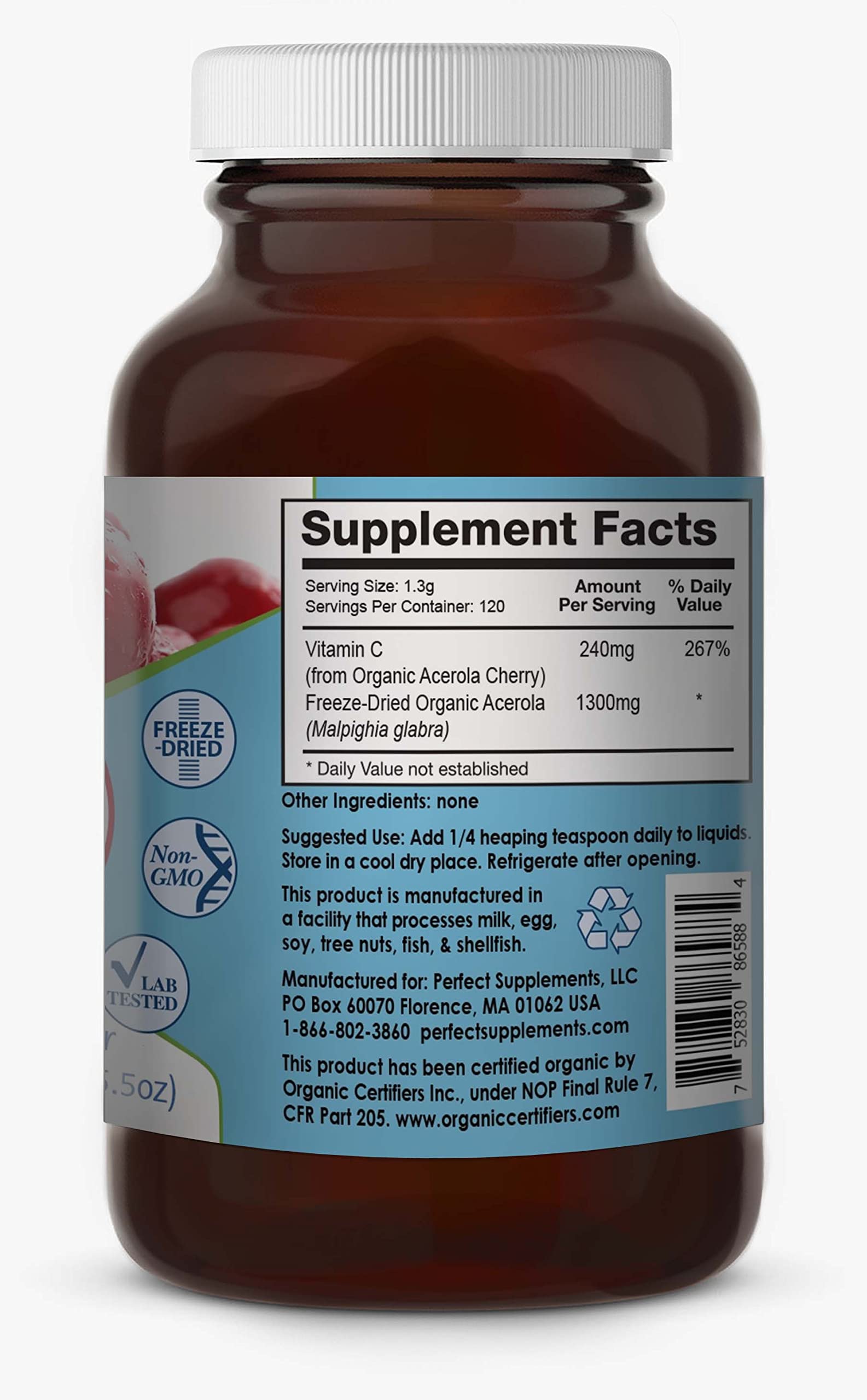 Perfect Supplements Acerola poudre doseur, dosage facile de vitamine C au quotidien.