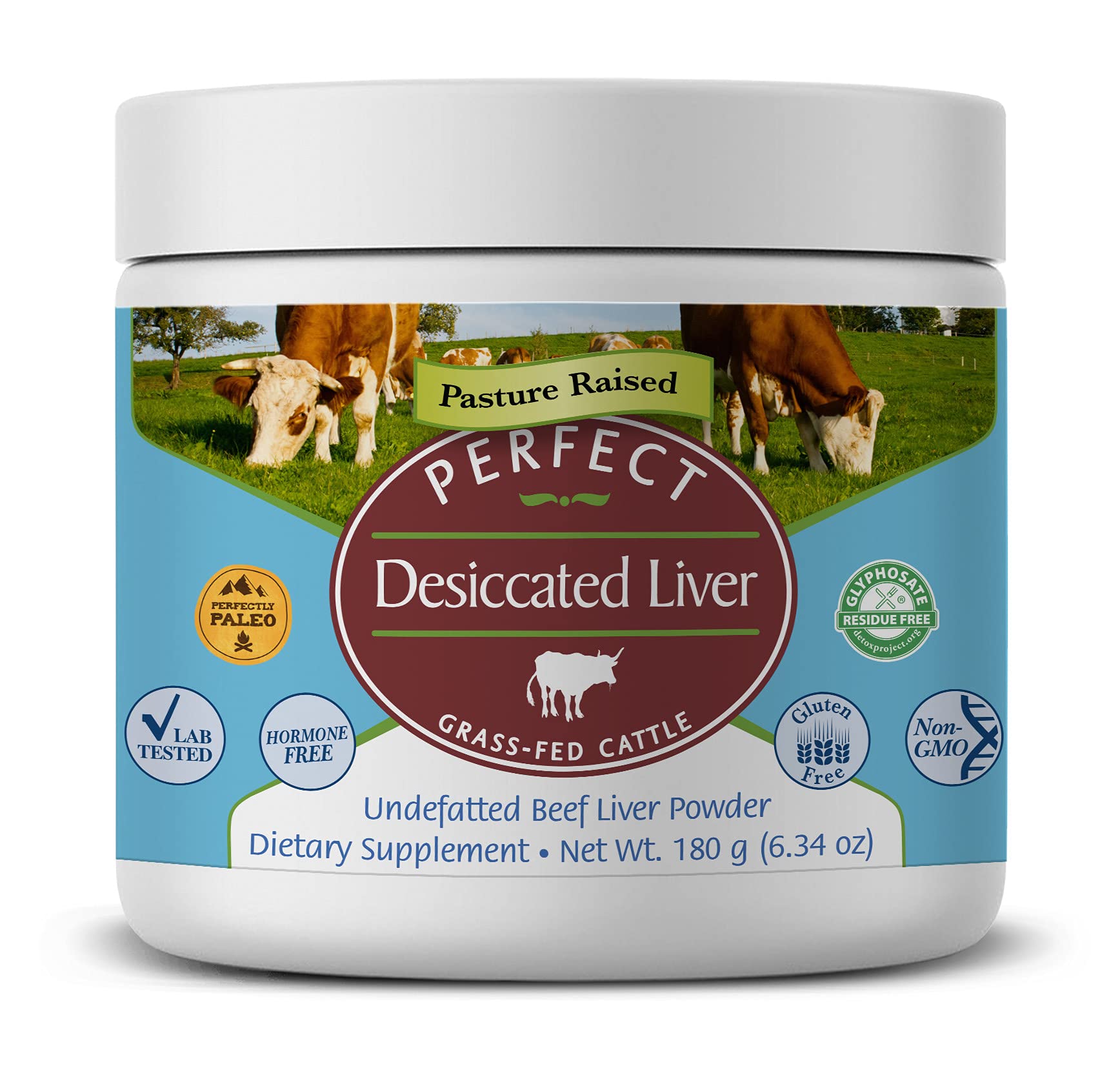 Poudre foie déshydraté Perfect Supplements emballage, source naturelle de protéines et fer.