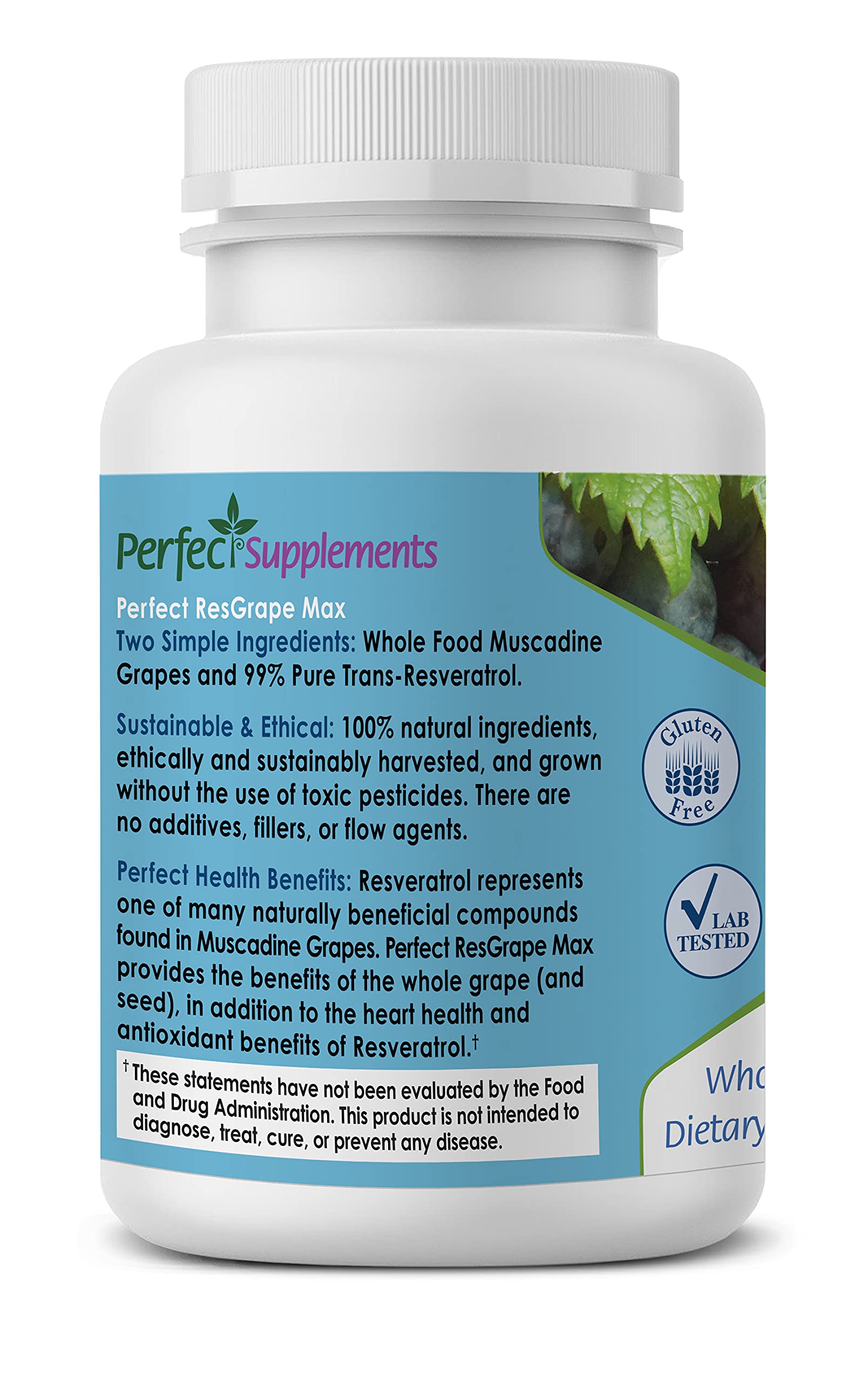 Perfect Supplements ResGrape – étiquette présentant des raisins muscadine biologiques et le logo de la marque