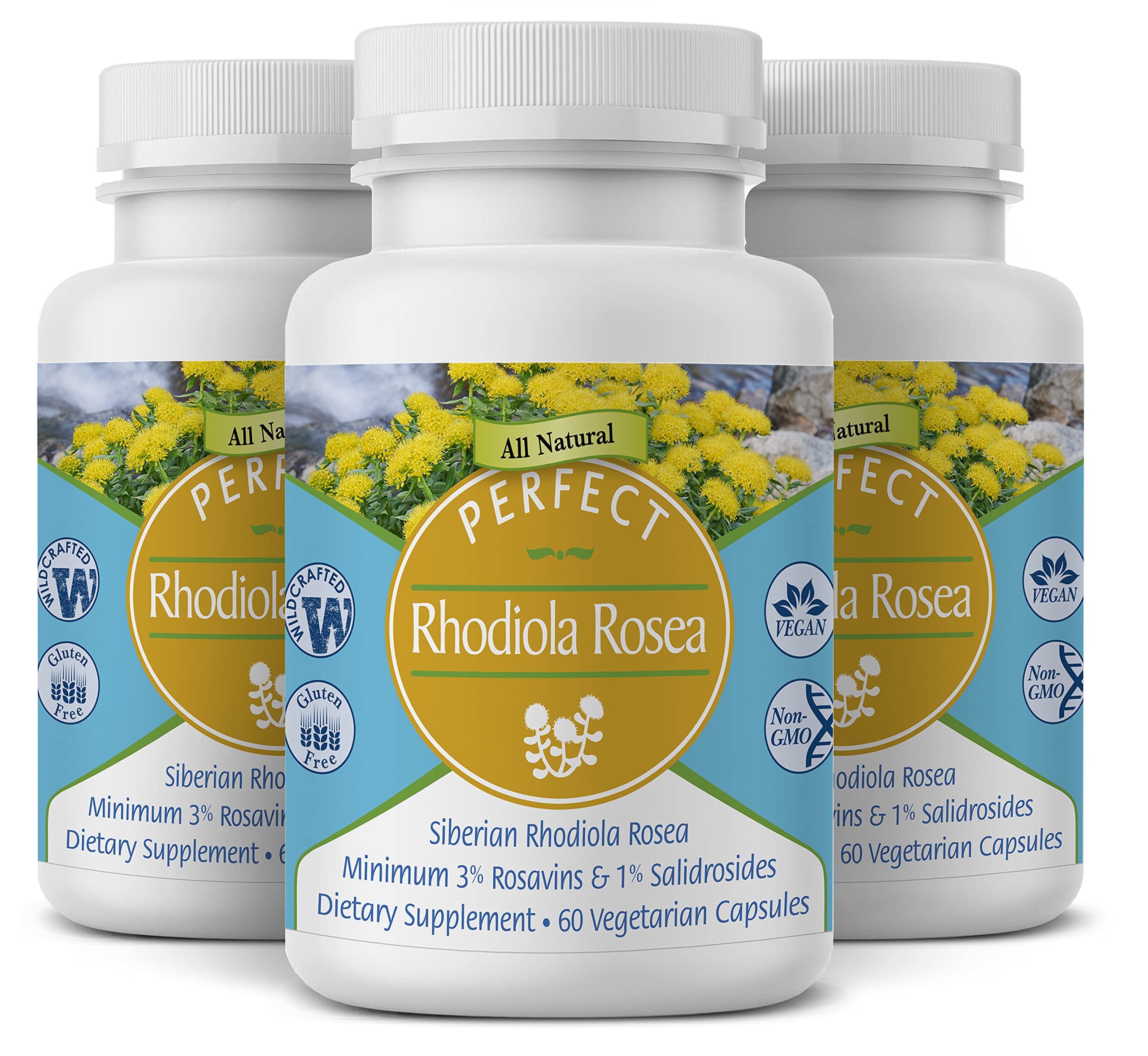 Perfect Supplements Rhodiola Rosea – bouteille qui verse, énergie naturelle et concentration.