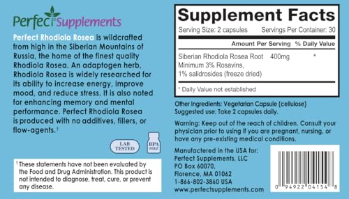 Perfect Supplements Rhodiola Rosea – capsules: soutien mental et endurance quotidienne.