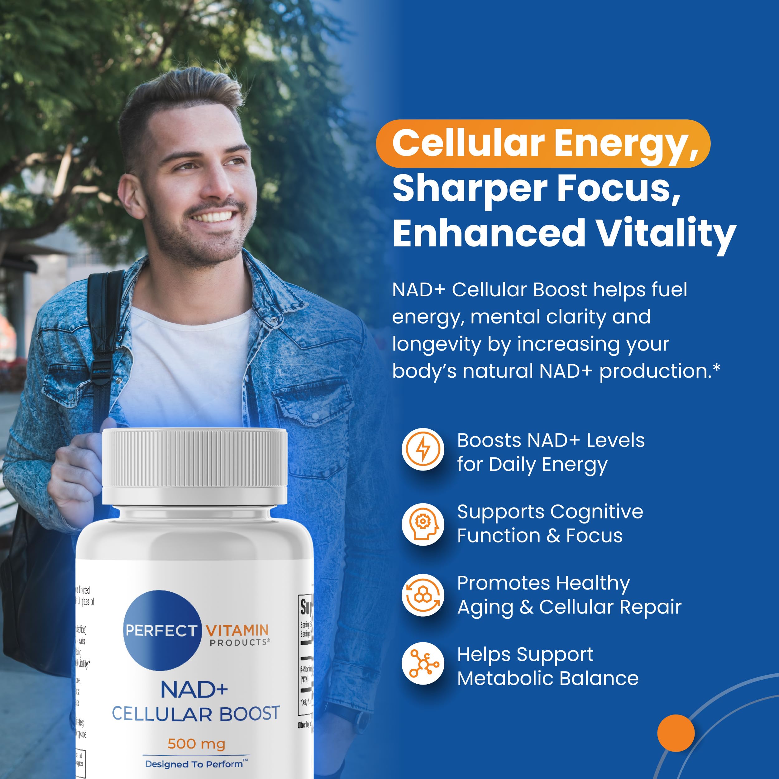 Perfect Vitamin Products NAD+ Utilisation quotidienne – soutien potentiel énergie et concentration.