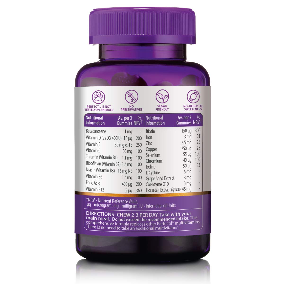 Perfectil gommes cheveux — ingrédients clés biotine et zinc pour le soutien capillaire.