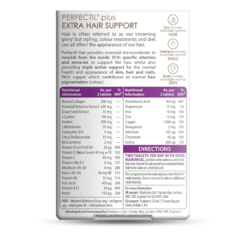 Perfectil vitamines-beaute-d-e-collagene-biotine : soutien pour cheveux forts et sains.