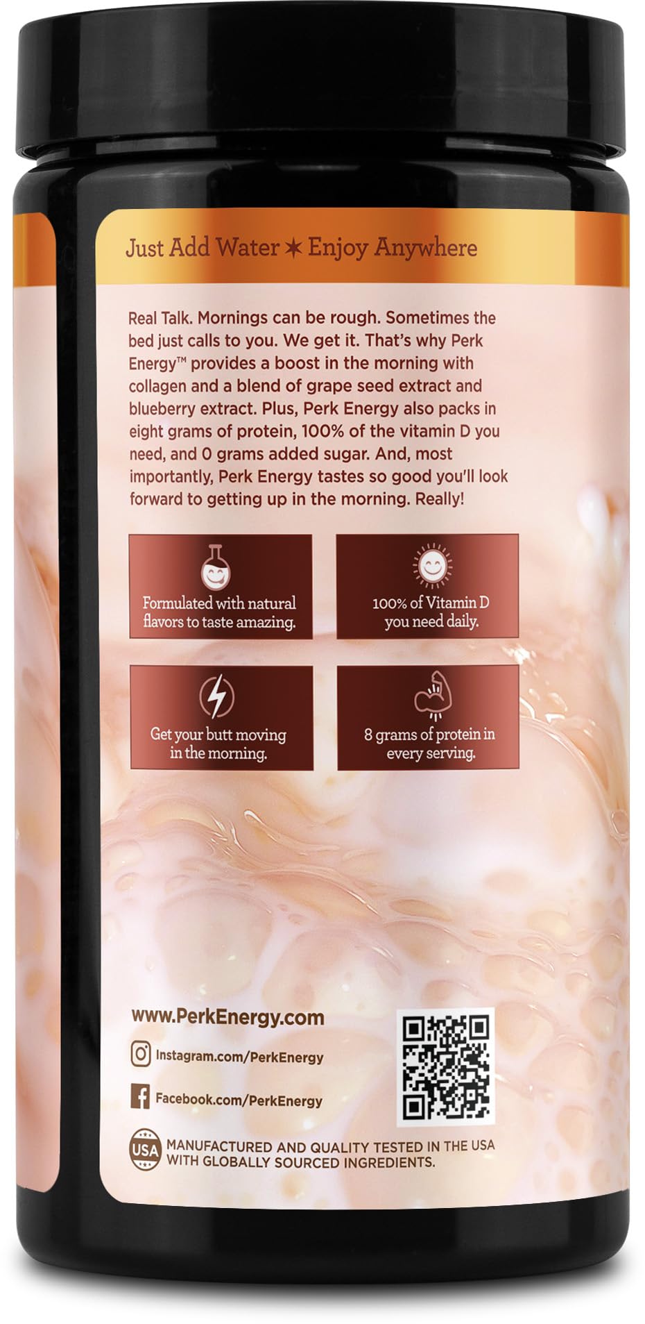 Perk Énergie Horchata, étiquette nutritionnelle montrant 8 g protéines par portion.