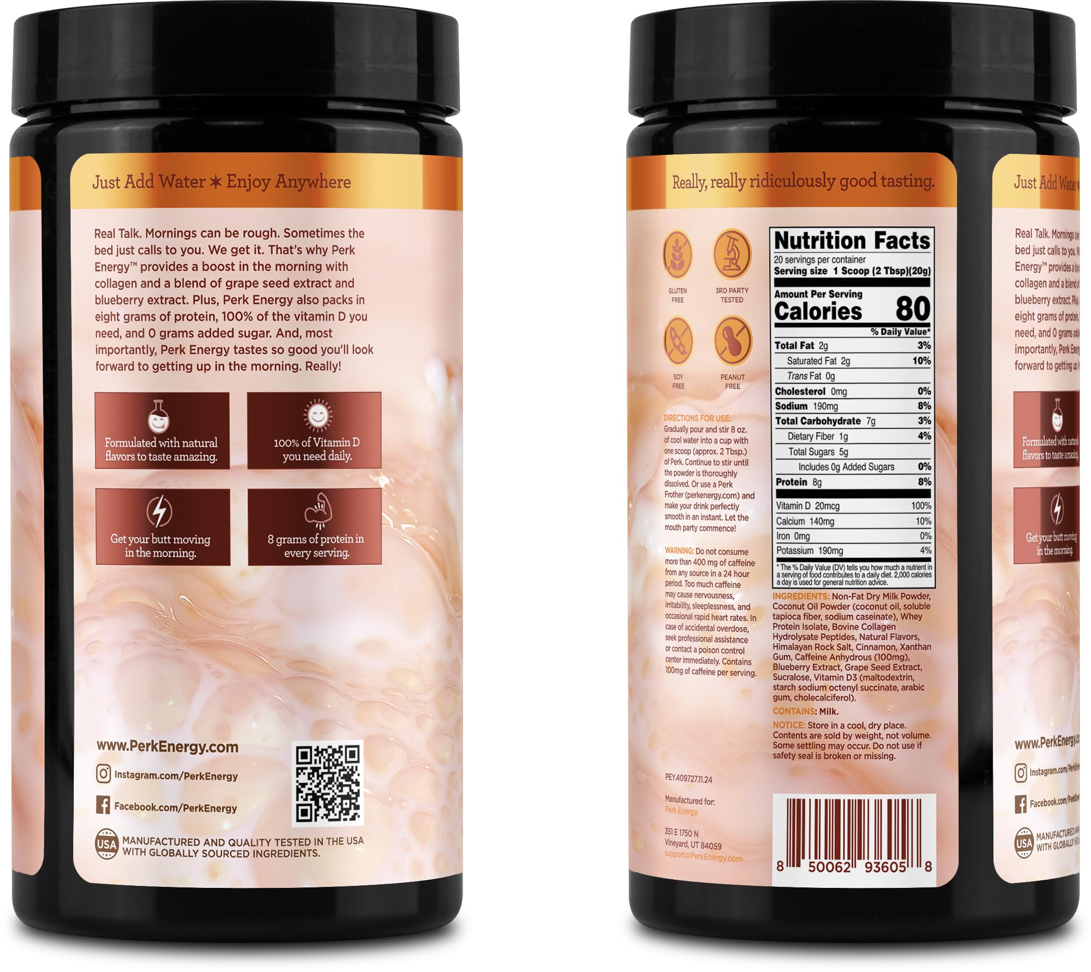 Perk Énergie Horchata, emballage sans gluten et sans arachides, idéal pour régimes spécifiques.