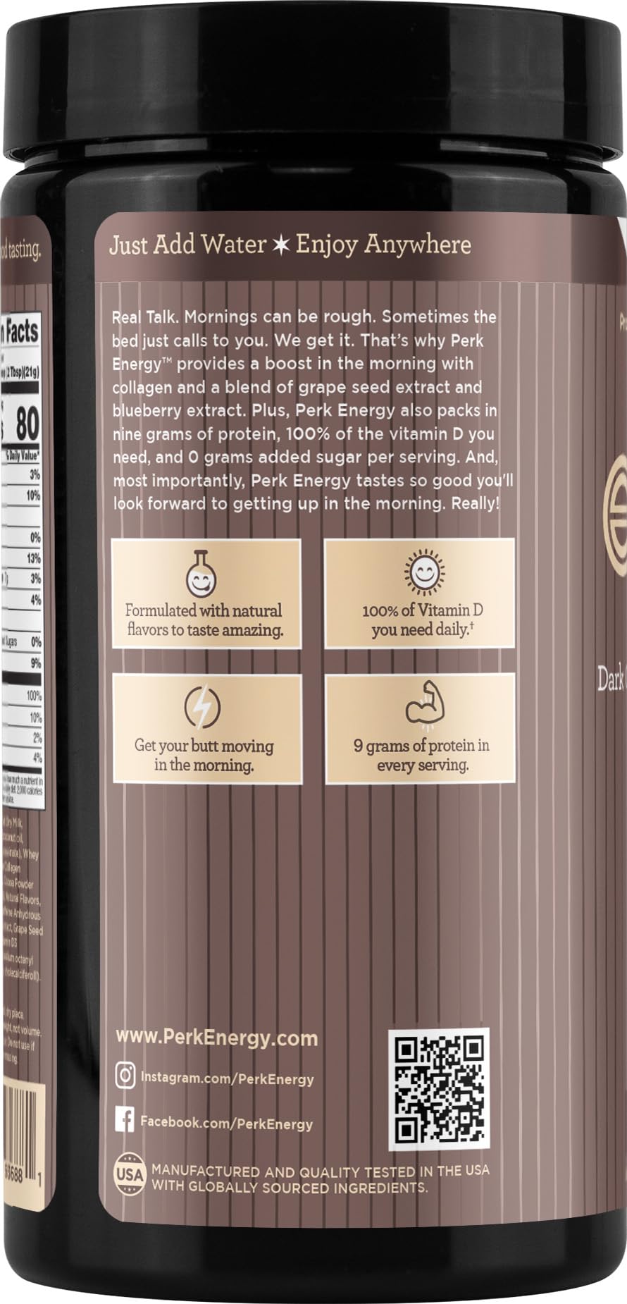 Étiquette nutrition Perk Energy affichant protéines et caféine.