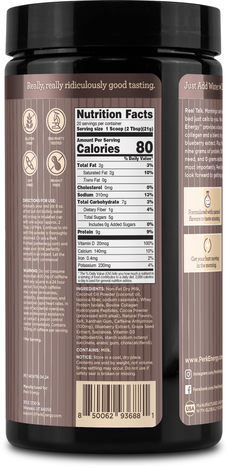 Ingrédients Perk Energy : isolat whey et collagène hydrolysé en sachet.