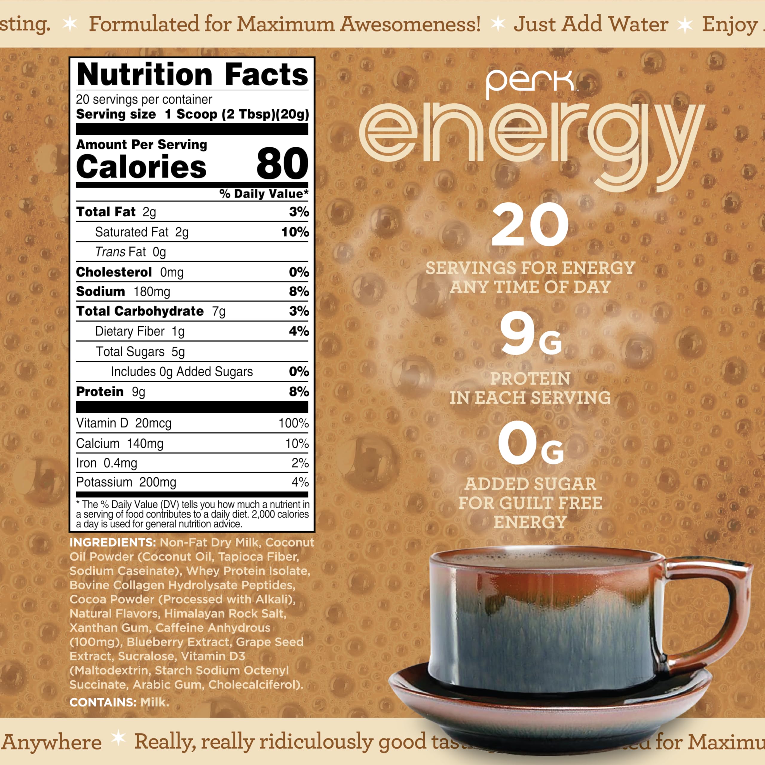 Perk Energy Original Tan Mocha Latte mélange rapide avec eau chaude ou froide