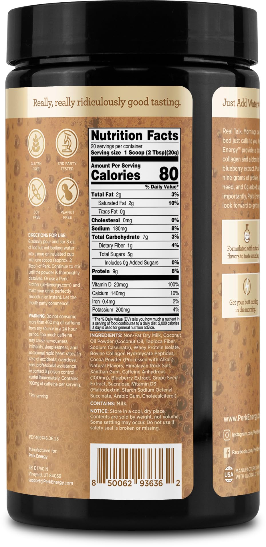 Perk Energy Original Tan Mocha Latte boisson crémeuse servie dans un mug