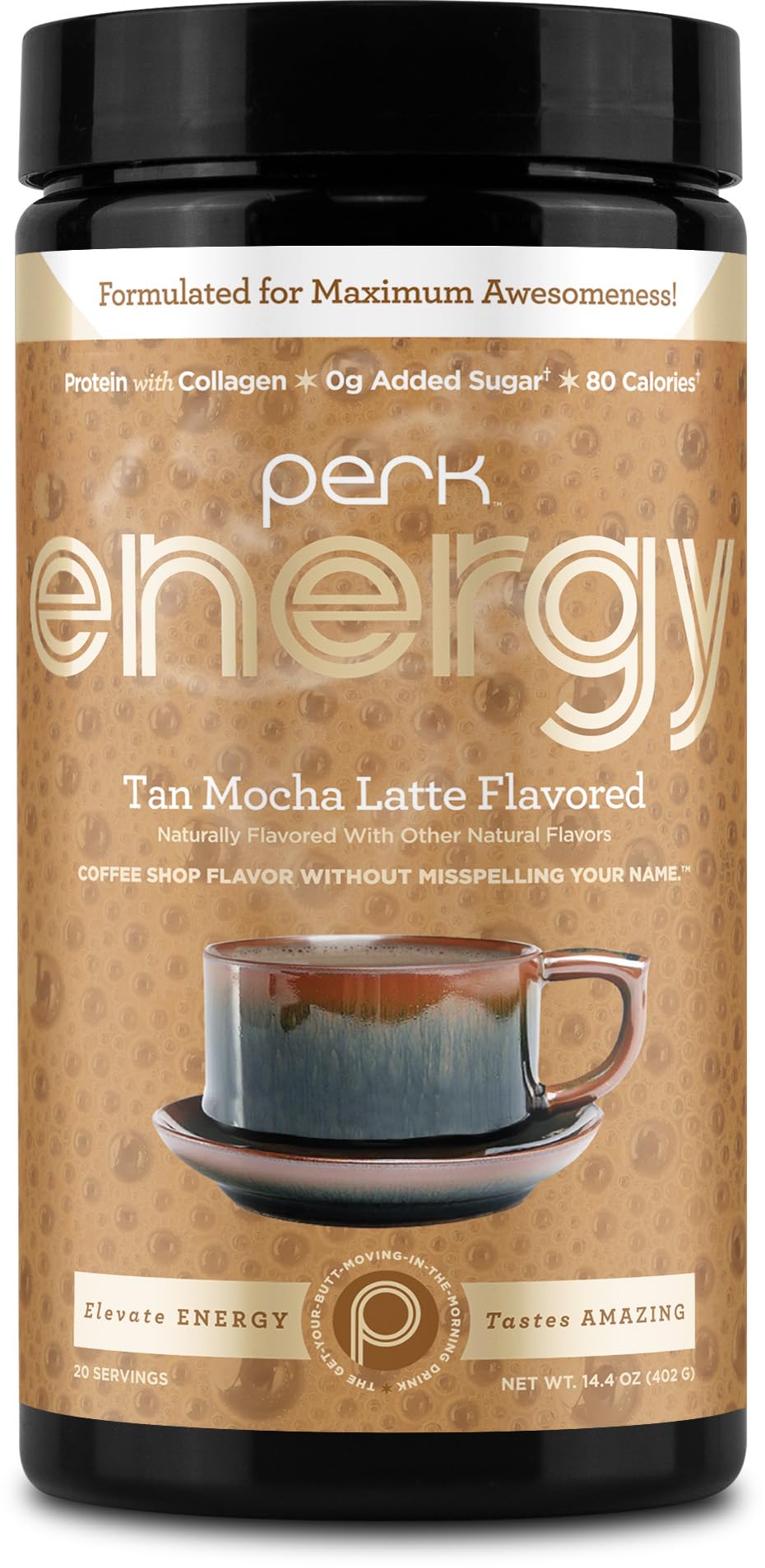 Perk Energy Original Tan Mocha Latte poudre emballage pratique et compacte
