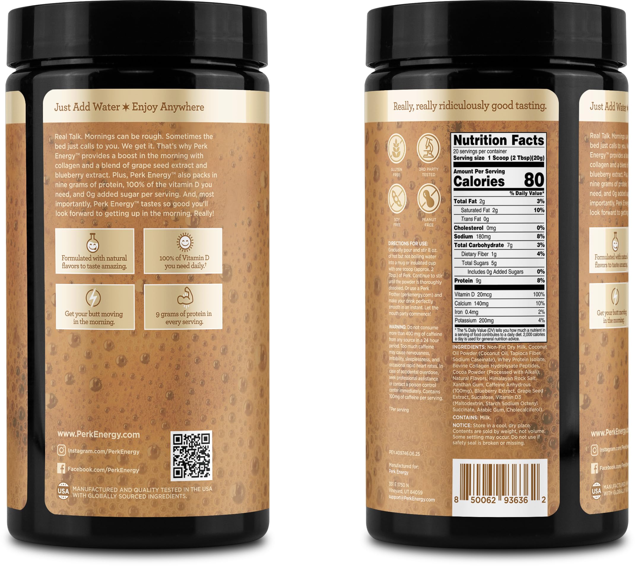 Perk Energy Original Tan Mocha Latte verre prêt à déguster après préparation