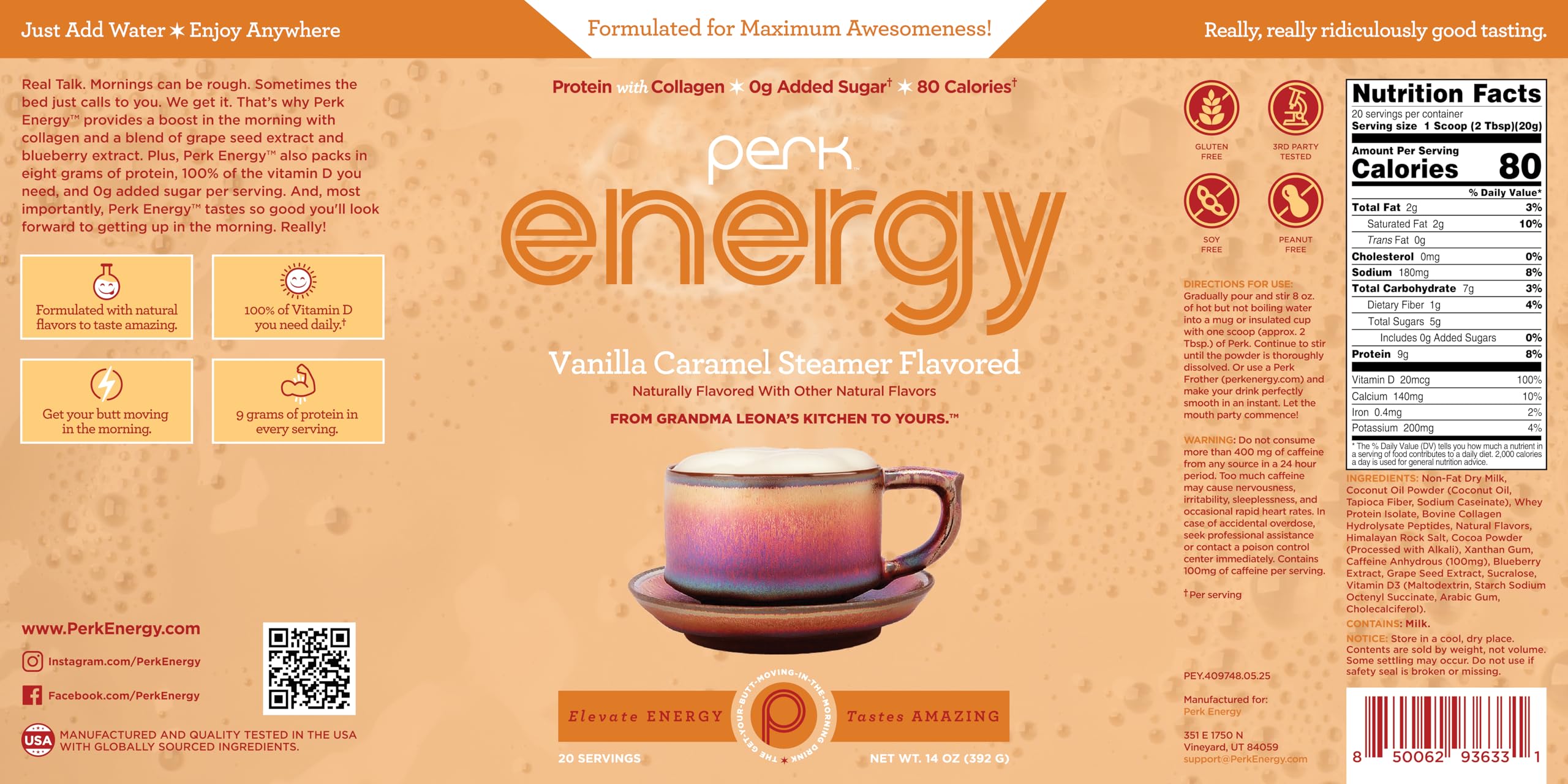 Ingrédients Perk Energy Original Vanille Caramel Steamer, option sans allergènes