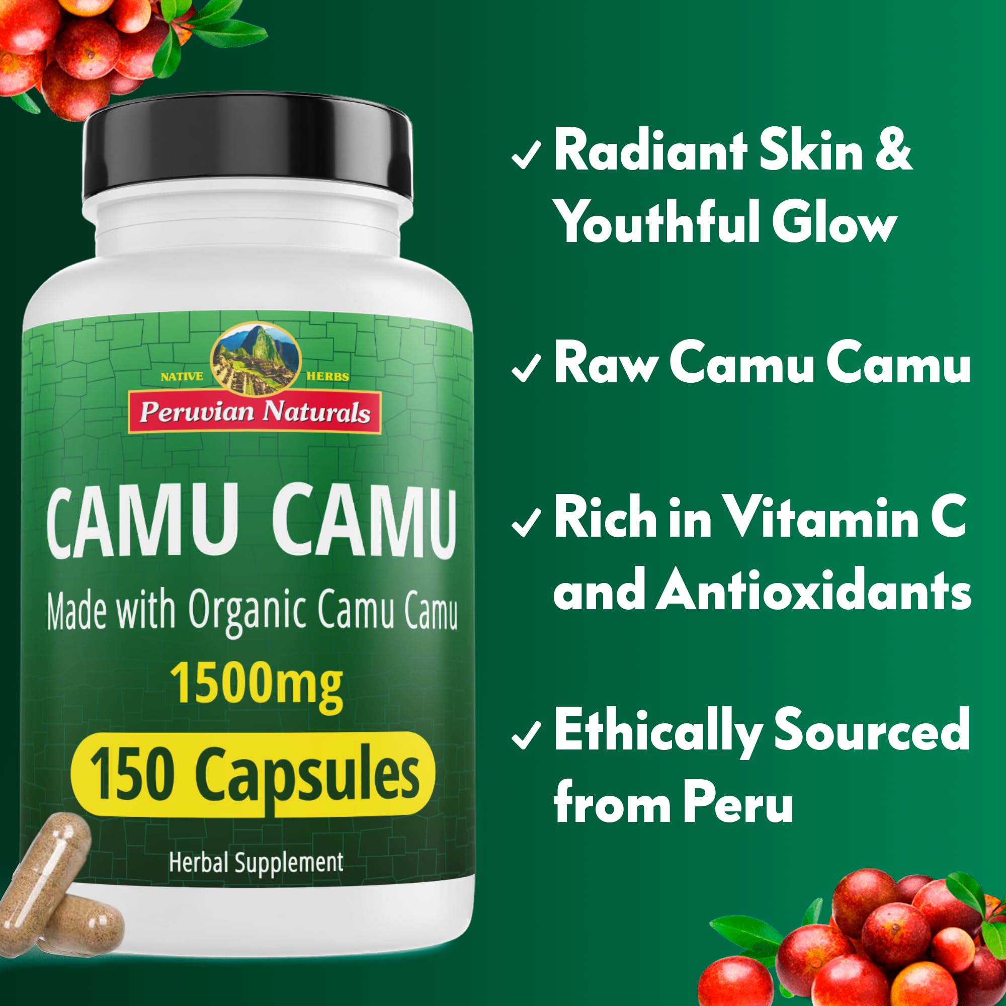 Bouteille Peruvian Naturals Camu Camu 1500mg, format pratique et facile à emporter