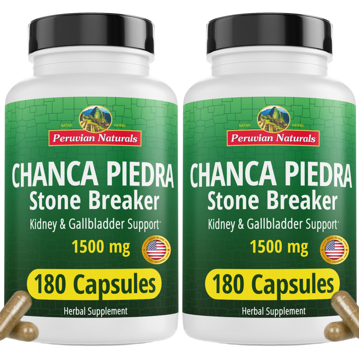 Peruvian Naturals Chanca Piedra – bouteille et capsules, soutien quotidien du système urinaire.