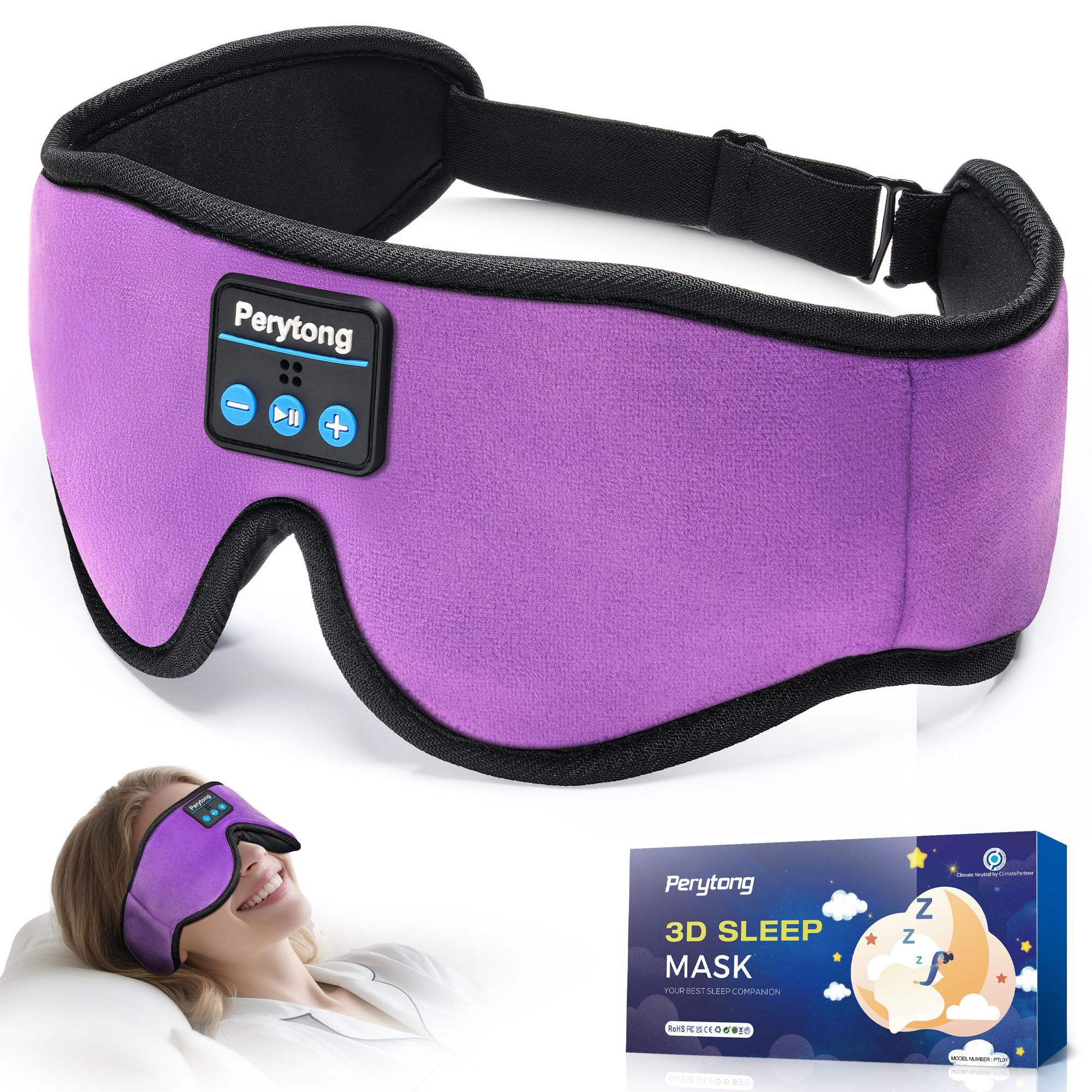 Perytong masque-sommeil Bluetooth 5.4 avec écouteurs intégrés, obscurité et son clair.